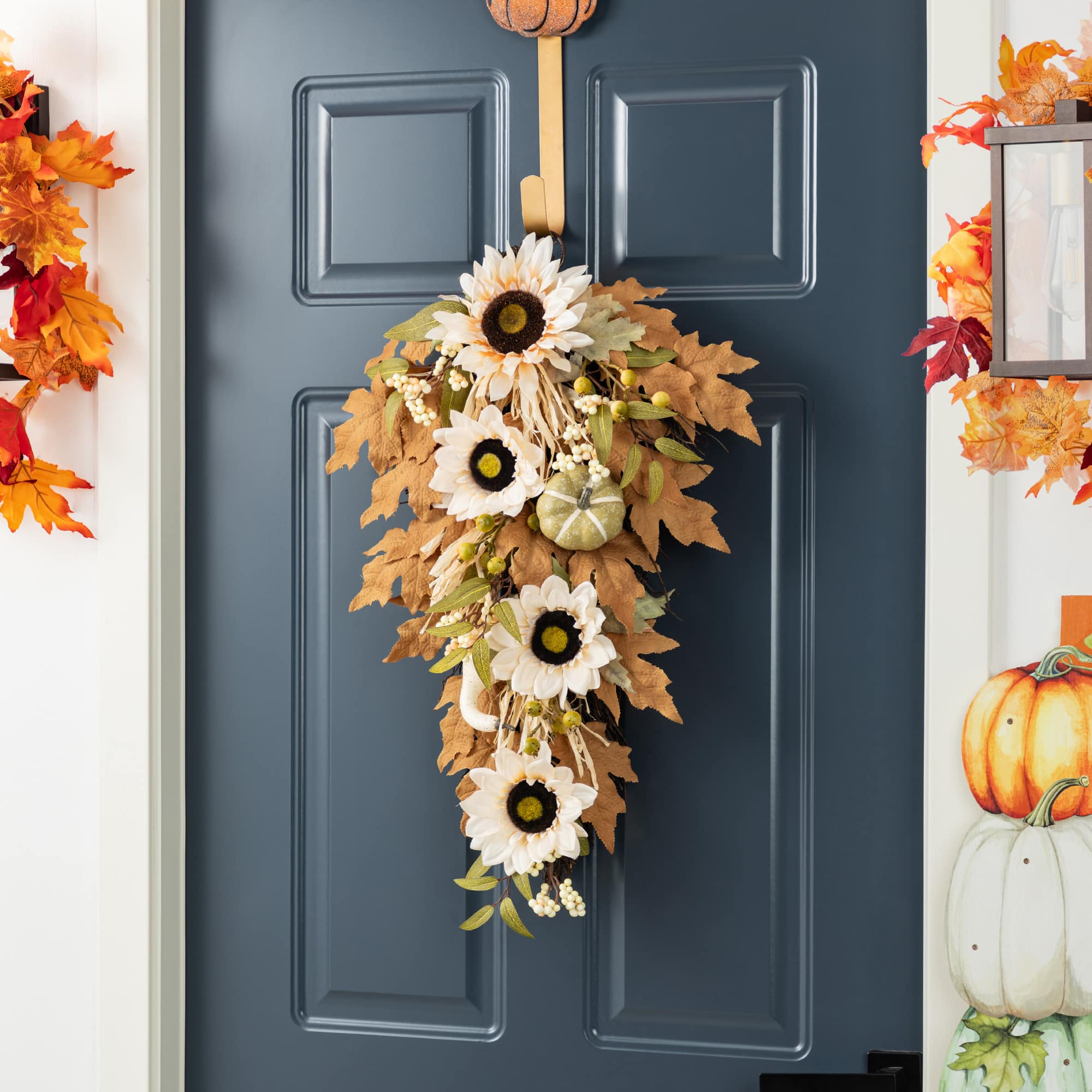 Glitzhome® 28" Fall Neutral Sunflower, Pumpkin and Leaf Swag