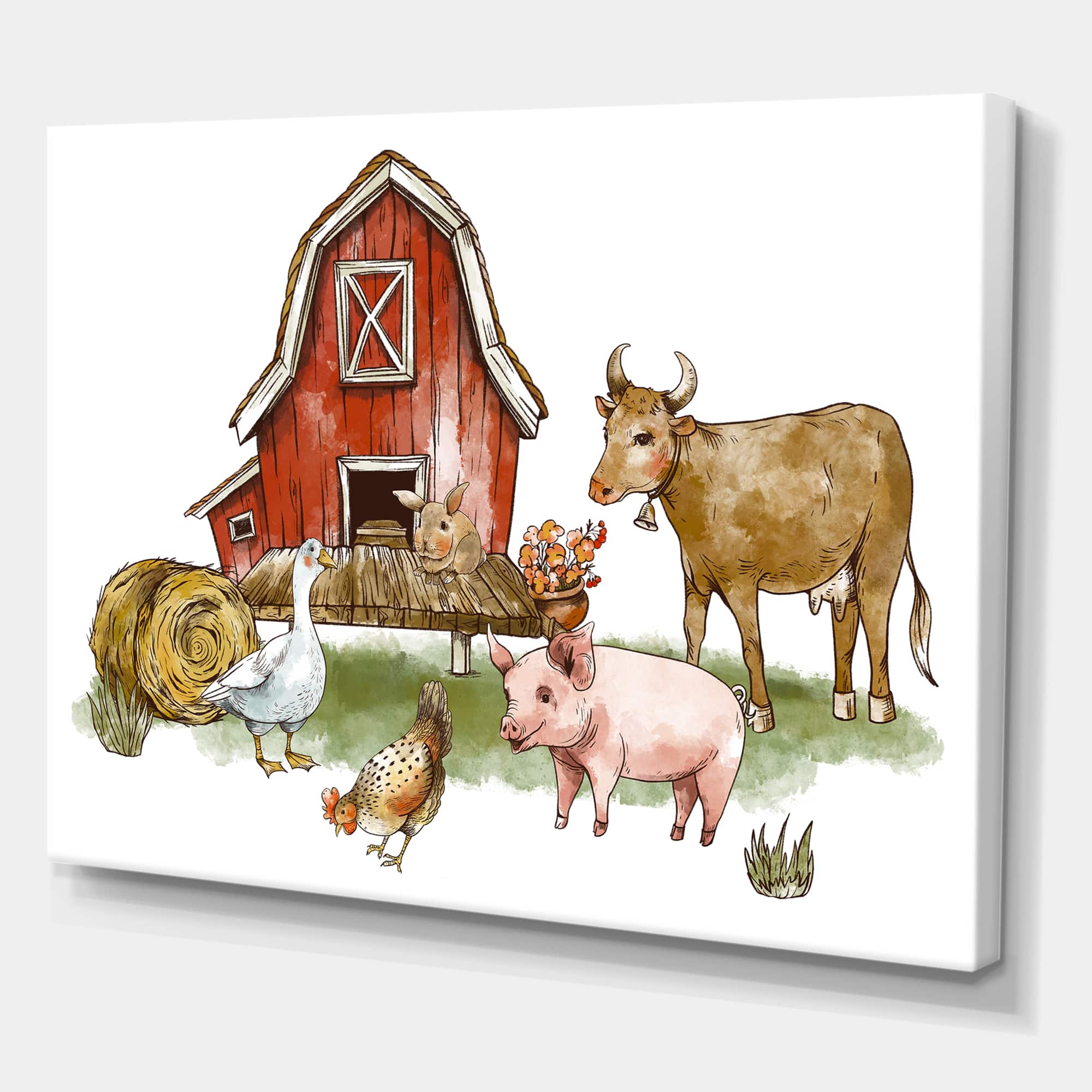 Designart - Farm House With Goose Chicken Cow Pig and Haystack - Rustic Canvas Wall Art Print