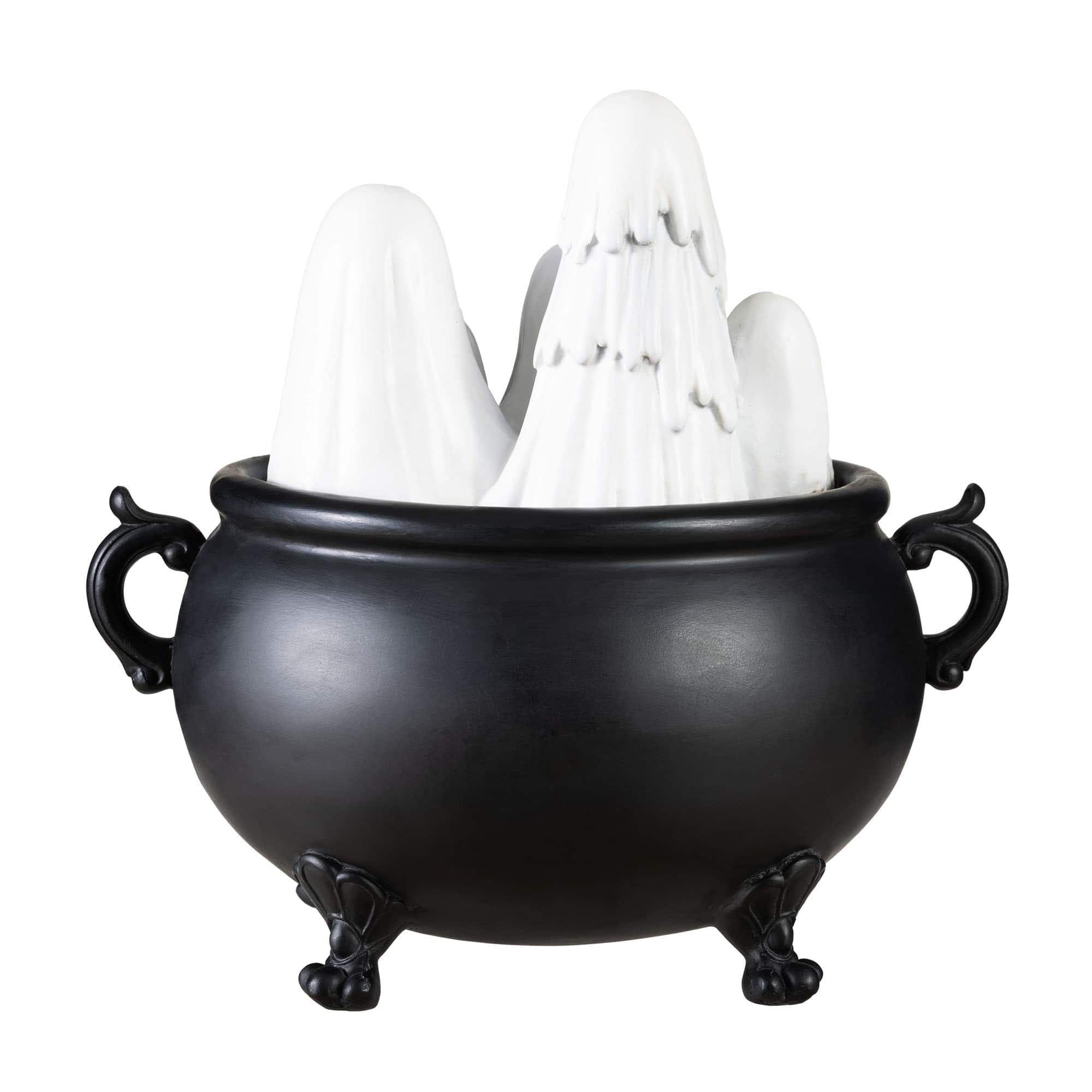 Glitzhome® 9" Halloween Lighted Polyresin Ghosts in Cauldron Table Decor with Timer