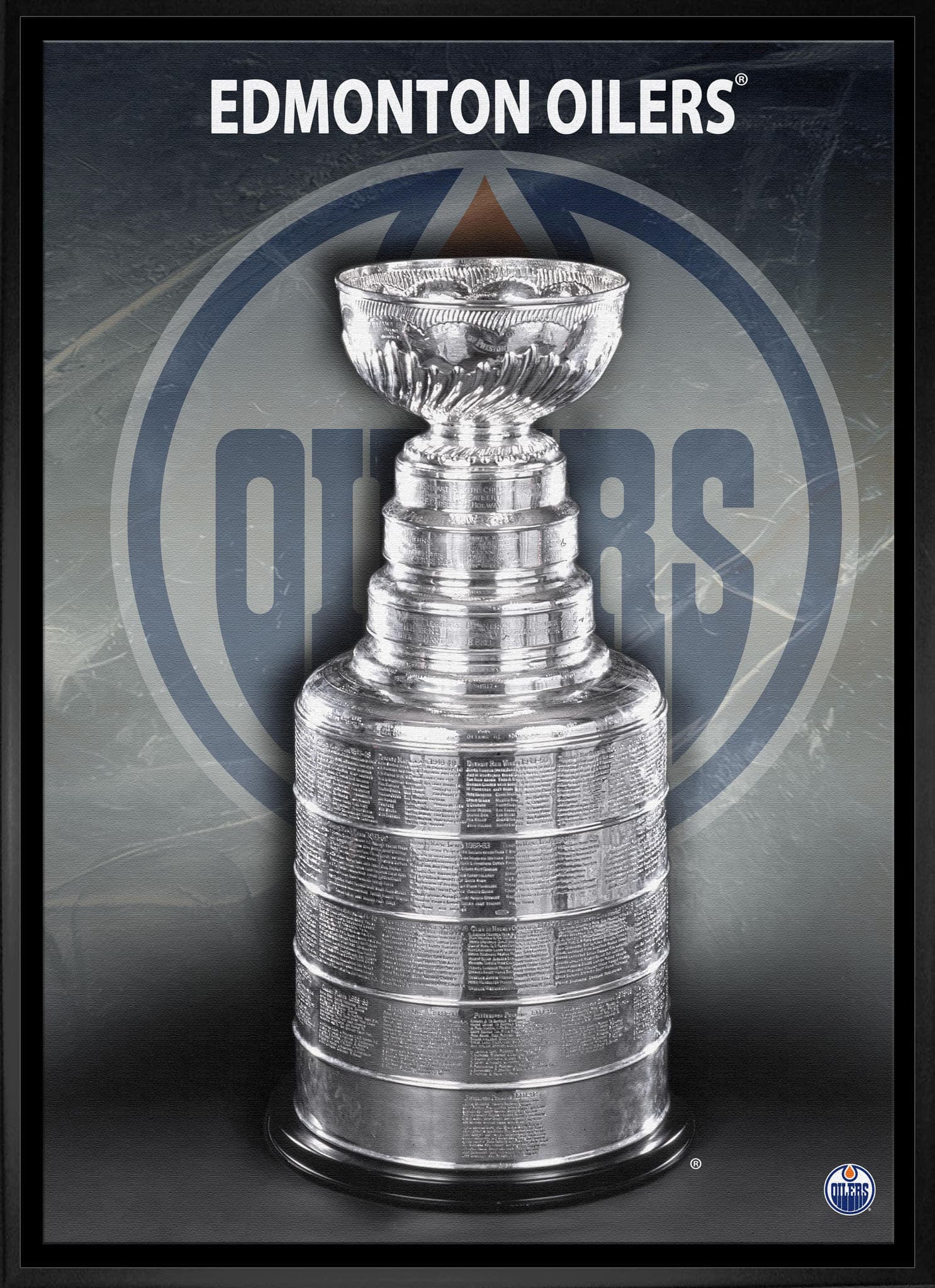 Edmonton Oilers Unsigned 20" x 29" Framed Canvas Stanley Cup 22.5" x 31.5"
