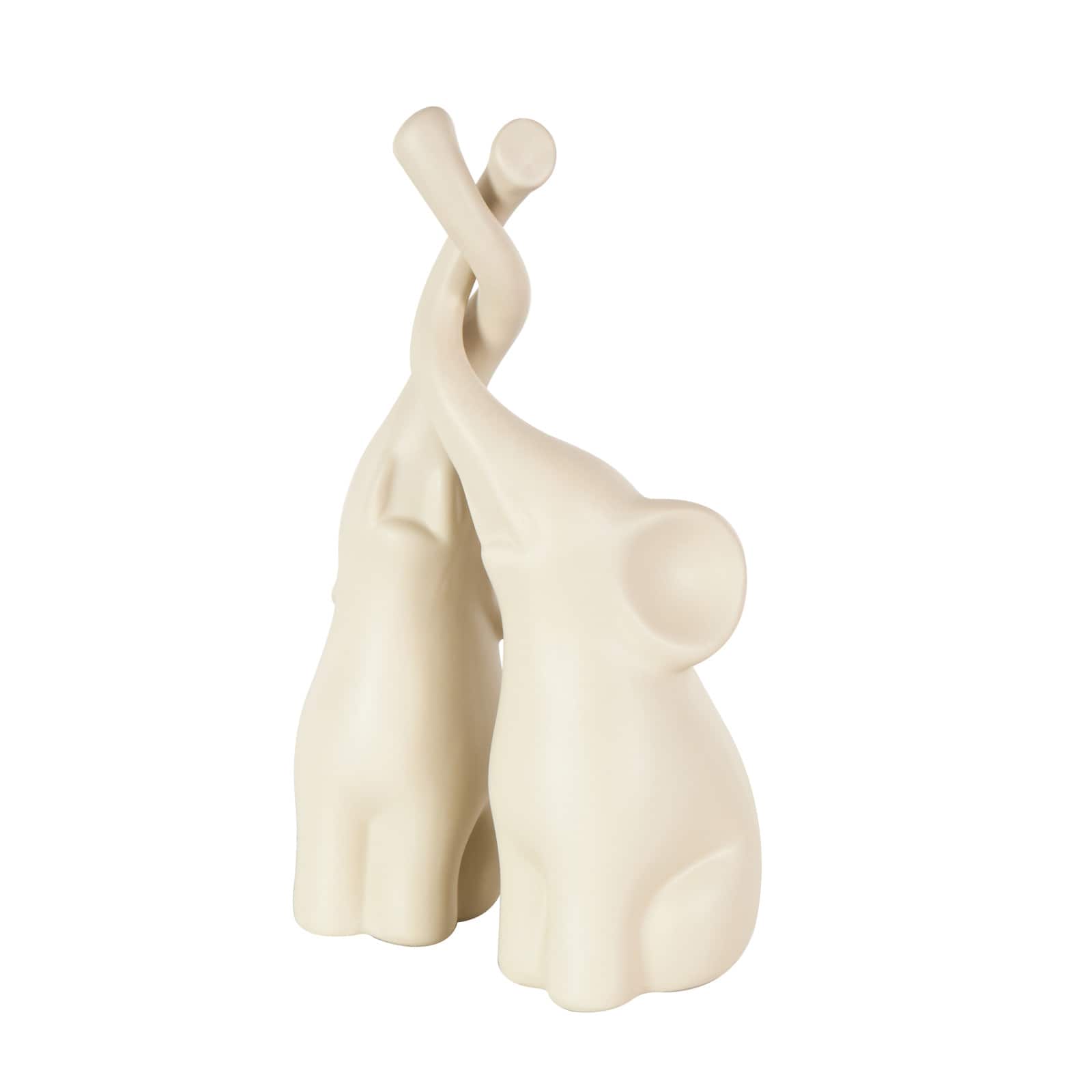 13" Cream Ceramic Elephant Decorative Sculpture with Raised Trunks, 2ct.