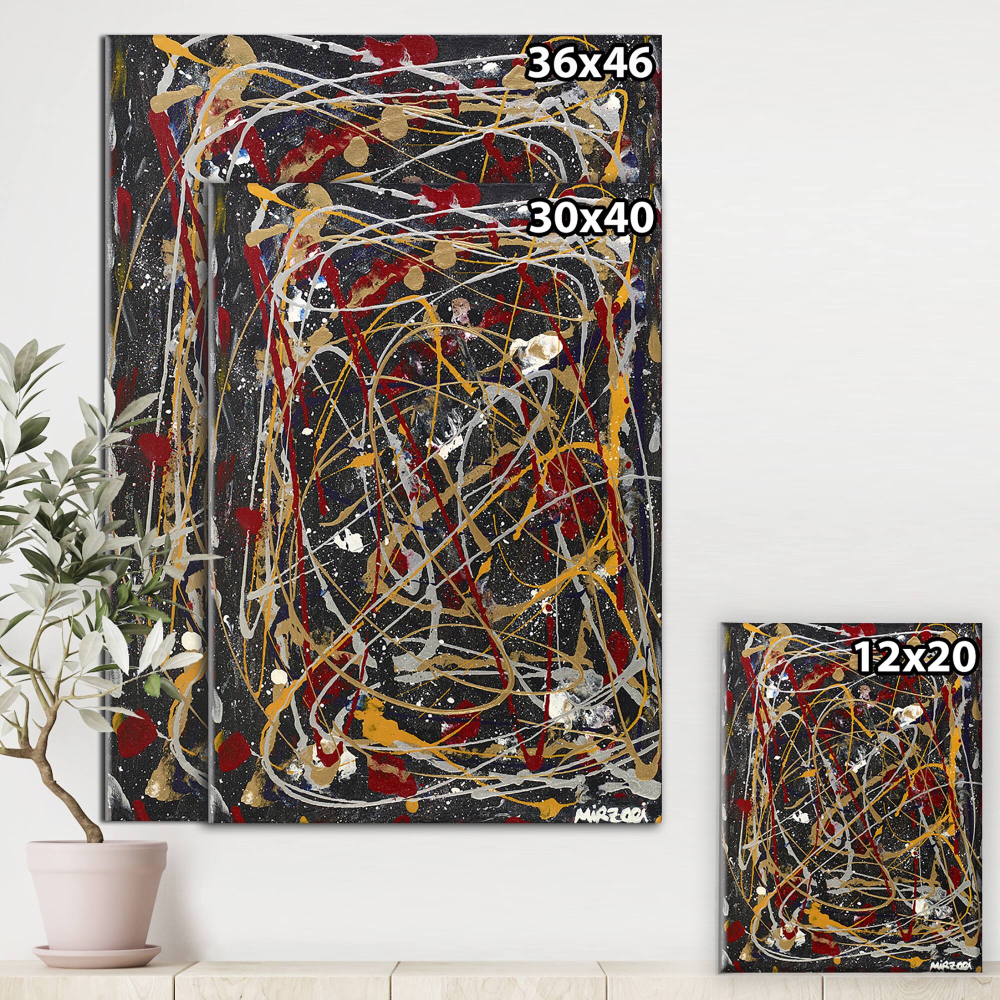 Designart - Red, Yellow and Black Pollock Style I - Modern & Contemporary Canvas Wall Art