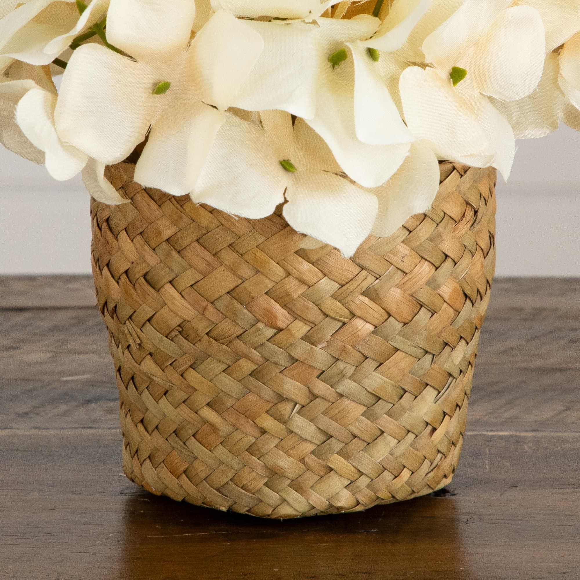7" Artificial Cream Hydrangea Arrangement in Woven Basket