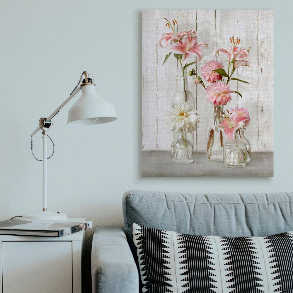 Stupell Industries Spring Pink Florals in Glass Jars Feminine Rustic Flowers Canvas Wall Art