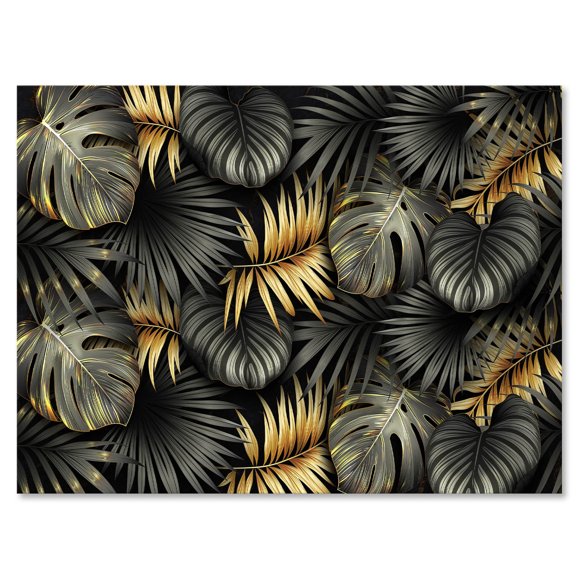 Designart - Black and Gold Tropical Leaves II - Modern Canvas Wall Art Print