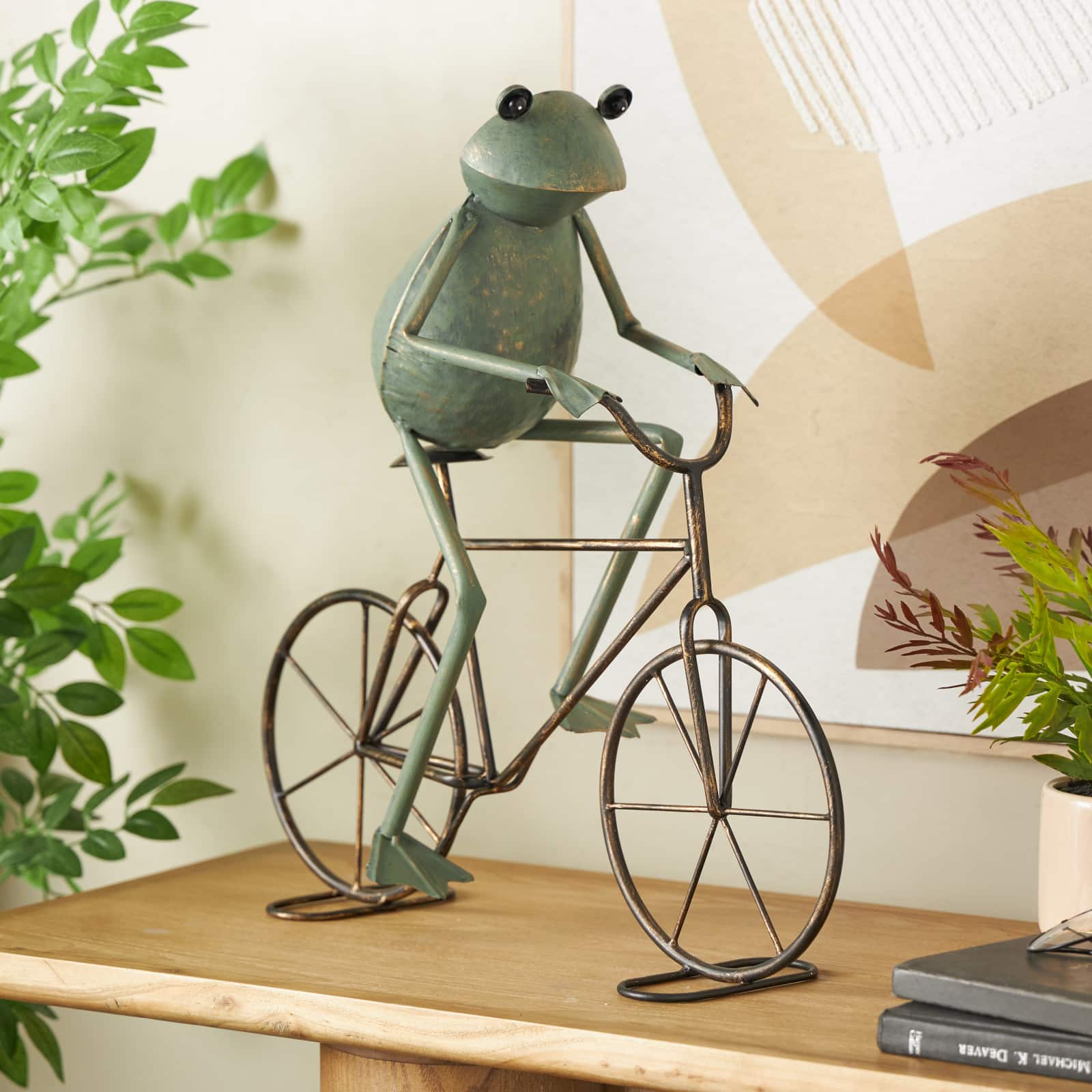 19.5" Frog on Bicycle Metal Garden Sculpture with Gold Accents