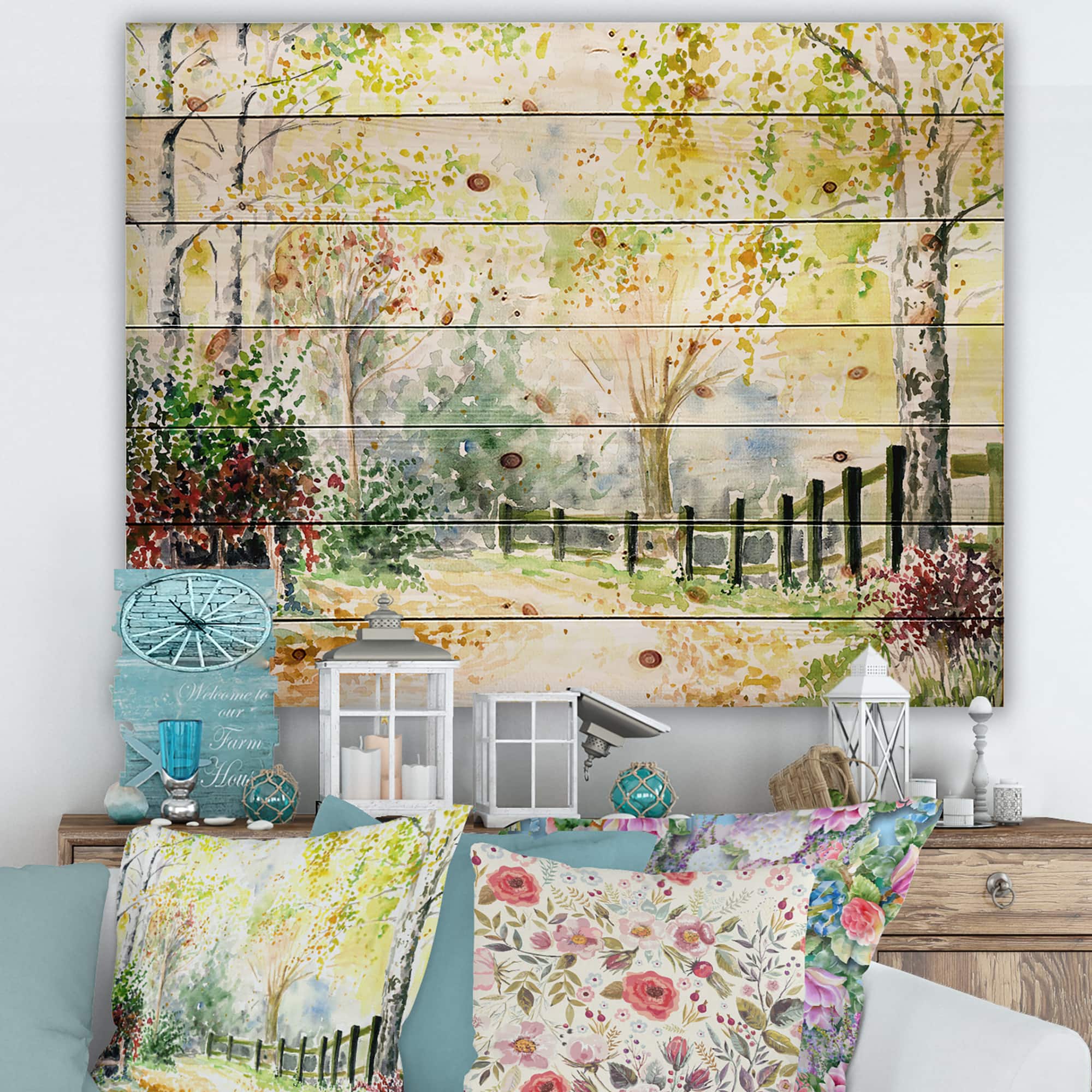 Designart - Autumn Countryside Landscape In The Afternoon - Traditional Print on Natural Pine Wood