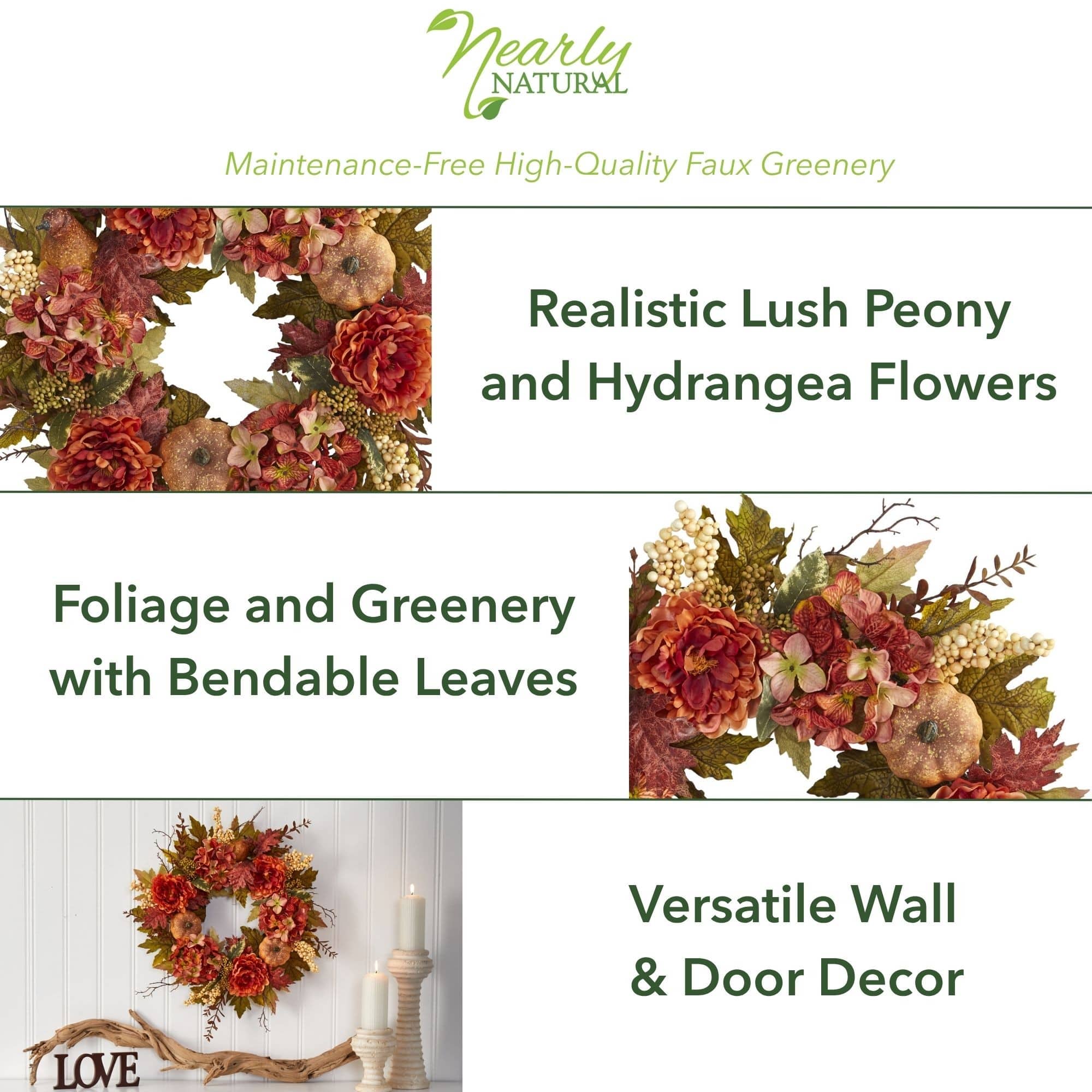 24" Peony, Hydrangea & Pumpkin Fall Wreath