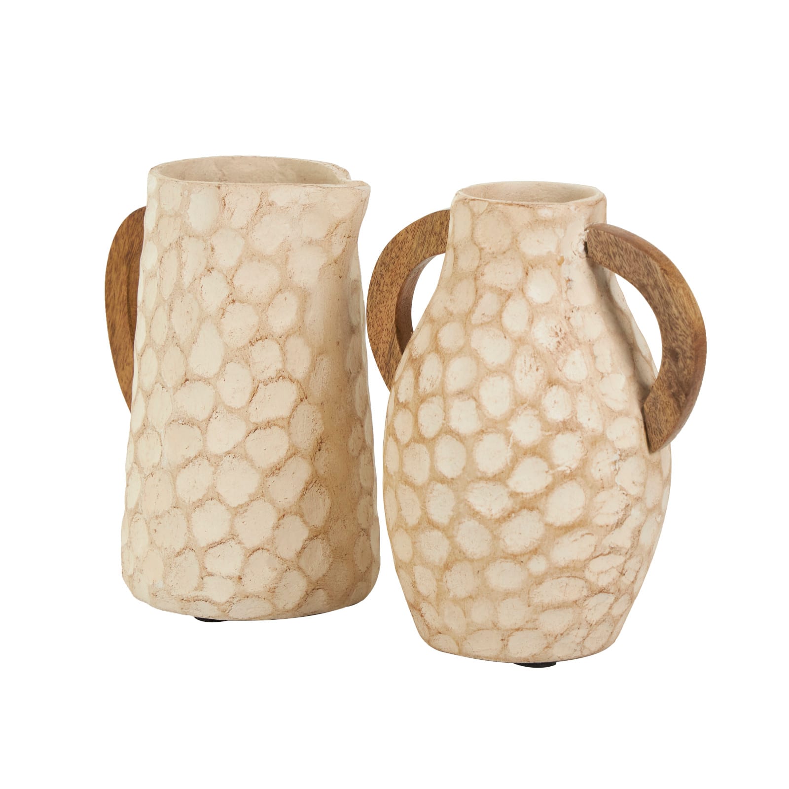 Beige Paper Mache Honeycomb Inspired Jug Vase with Wooden Handle Set