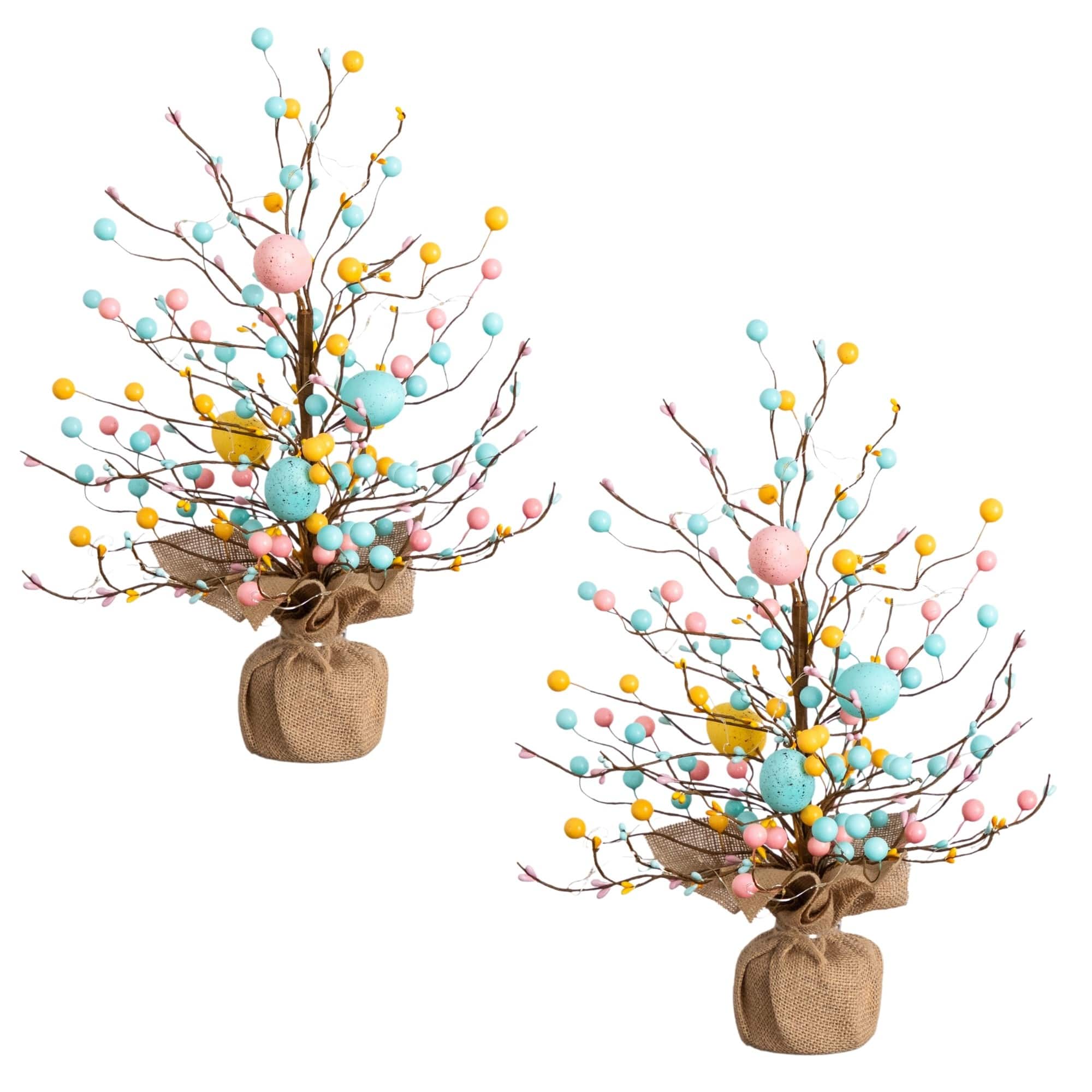 18" Pre-Lit Artificial Easter Egg Twig Tree with 30 LED Lights in Burlap Wrapped Base - Set of 2