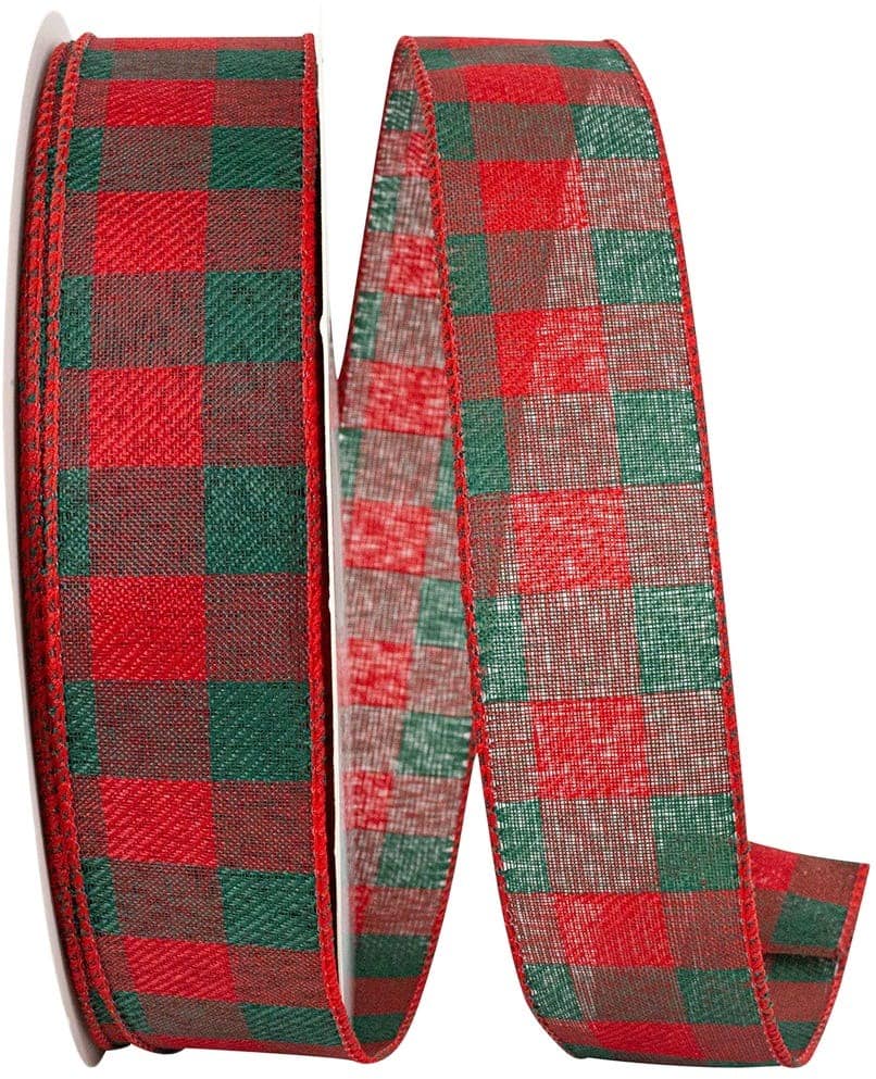 JAM Paper 1.5" x 50yd. Red & Green Traditional Christmas Check Value Wired Edge Ribbon