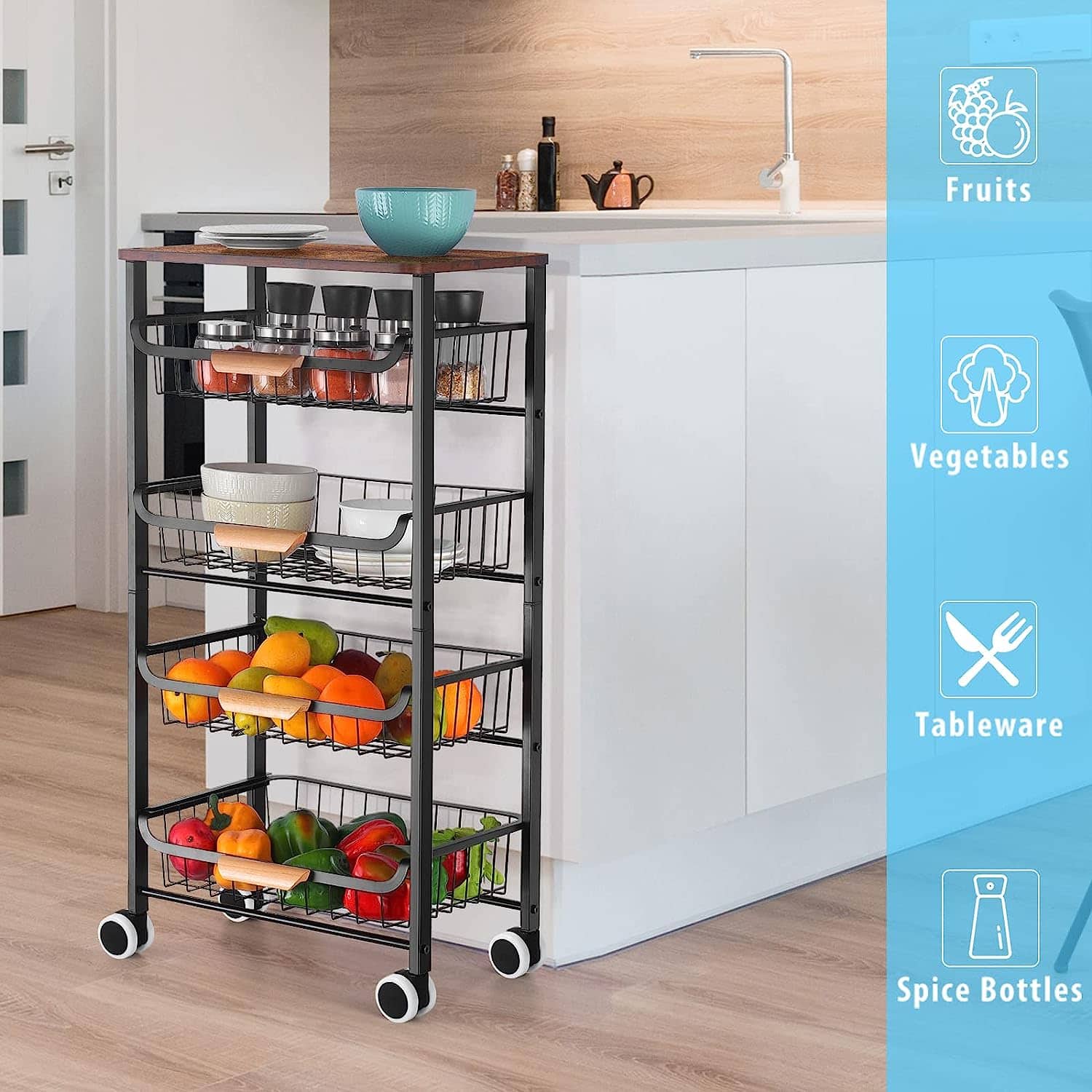 Black 5-Tier Metal Wire Basket Shelf Kitchen Storage Rolling Cart