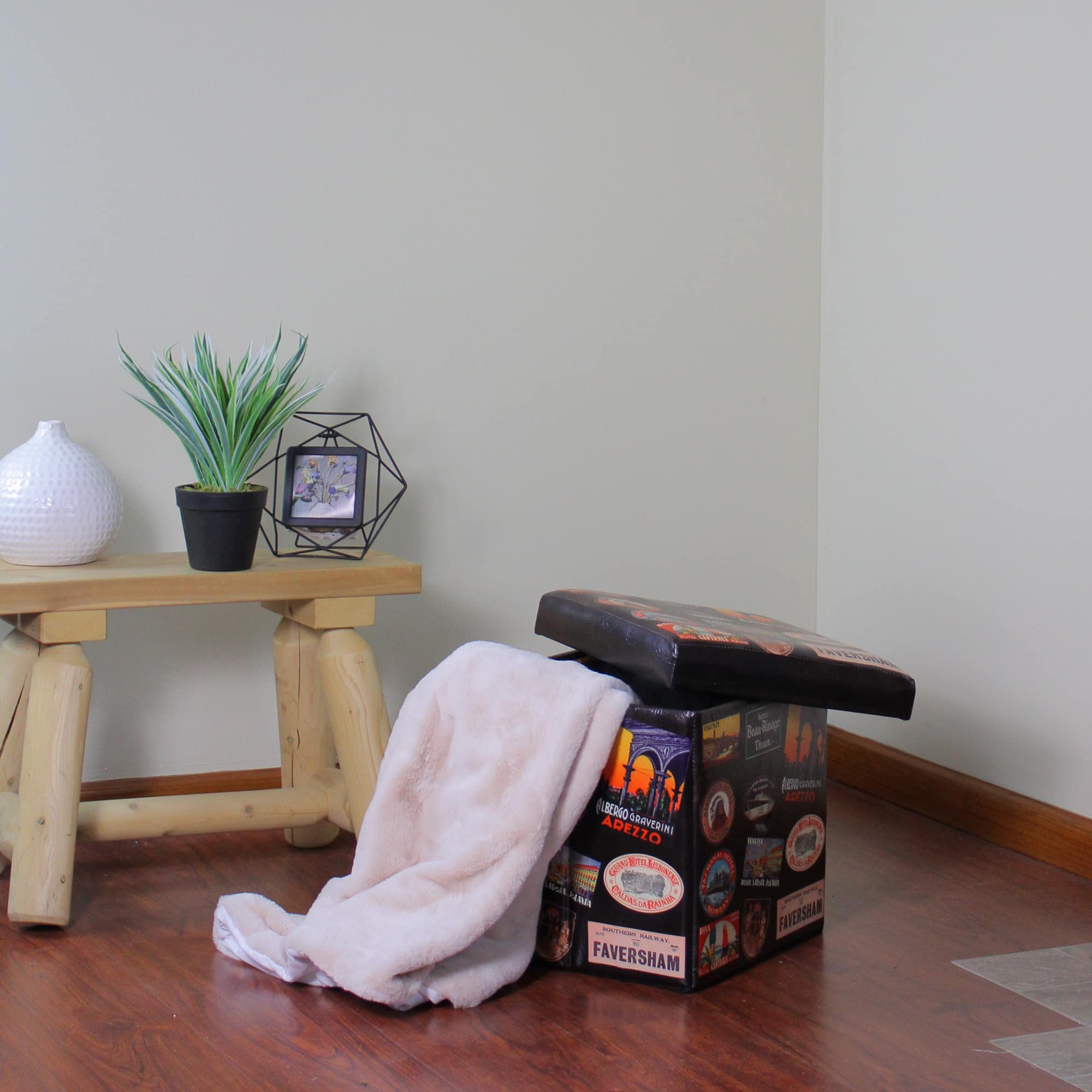 15" Brown with Travel Stickers Collapsible Ottoman