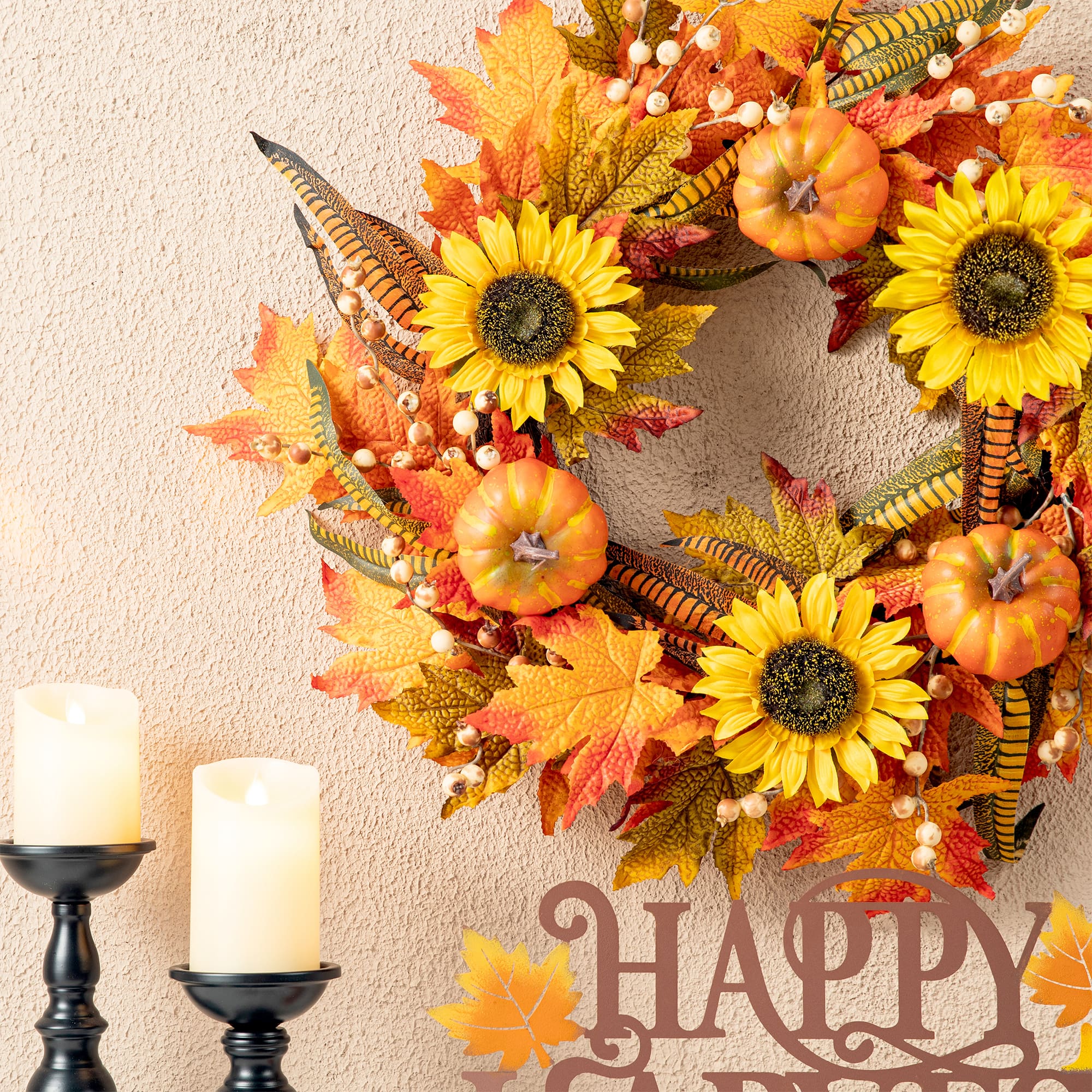 Glitzhome® 24" Fall Sunflower Pumpkin Leaf Wreath