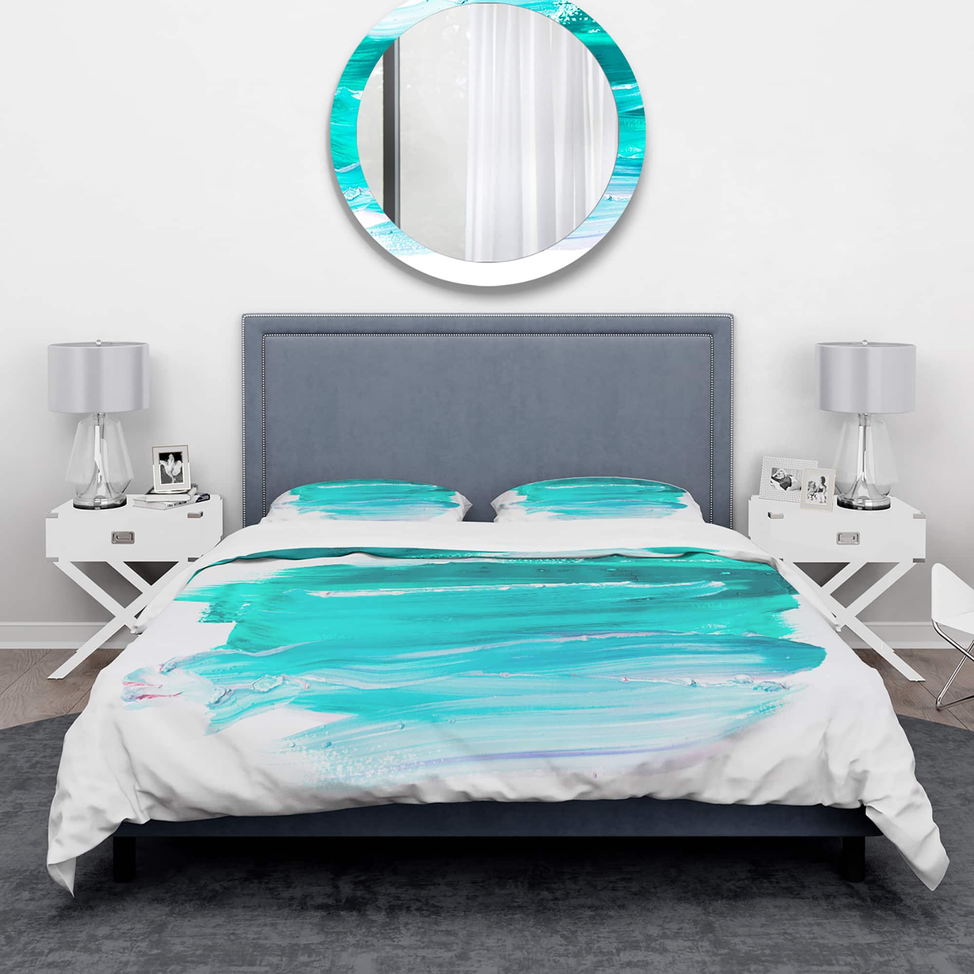Designart 'Turquoise Paint Strokes on White Background' Abstract Bedding Set - Duvet Cover & Shams