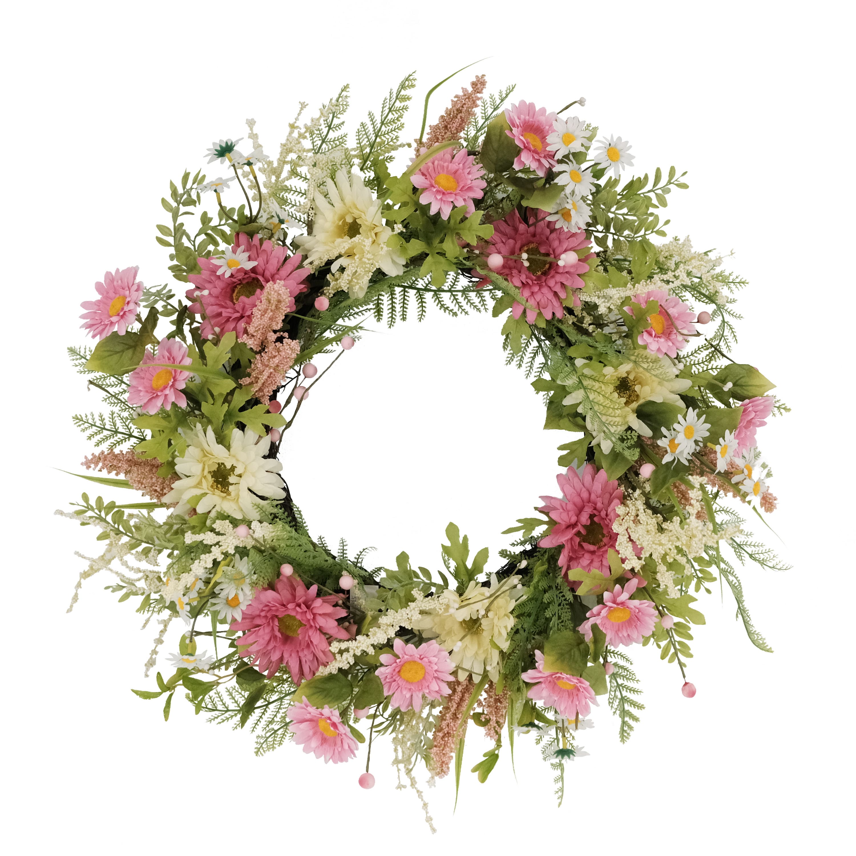 6 Pack: 24" Pink Mum & Daisy Floral Spring Wreath