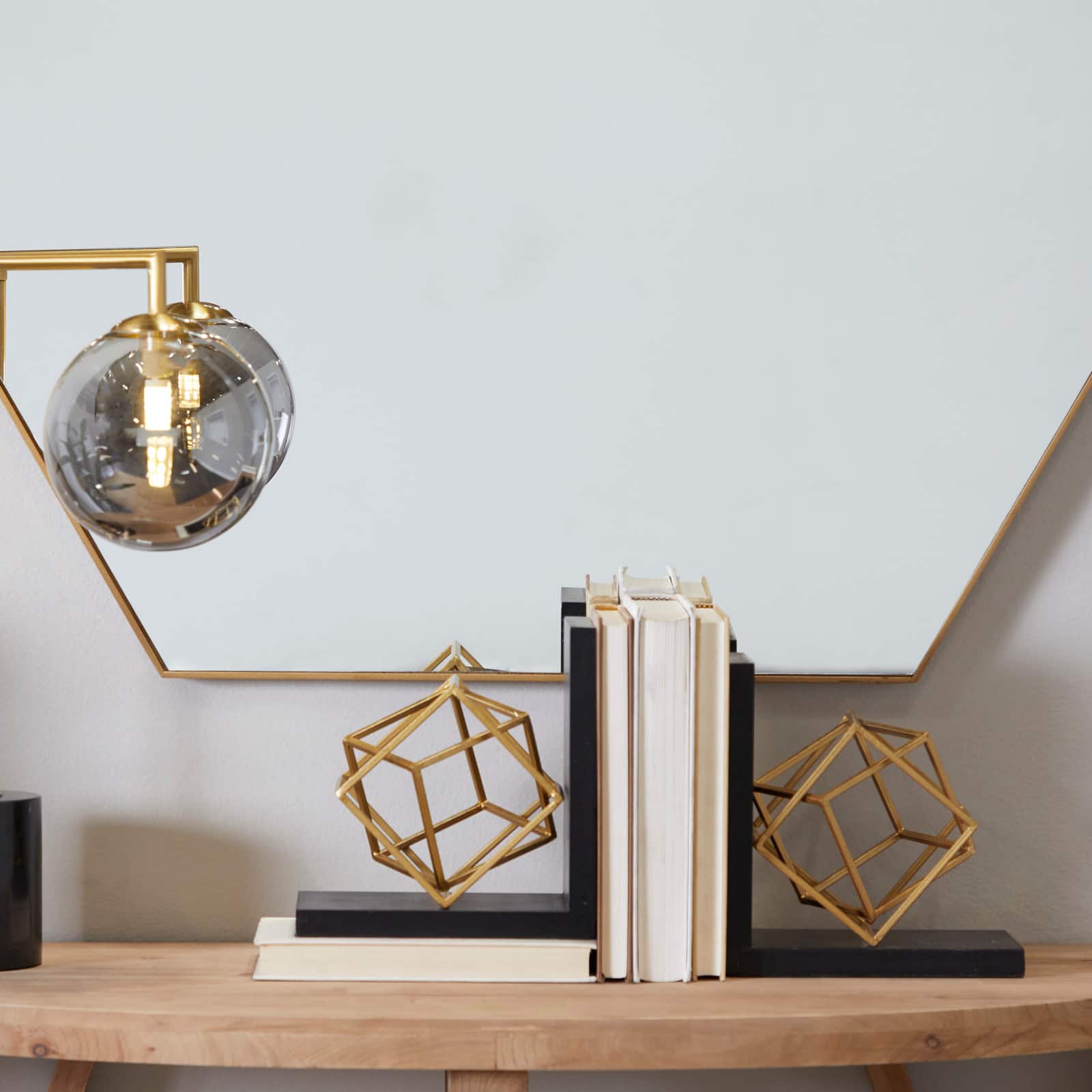 8" Gold Stainless Steel Overlapping Cube Geometric Bookends with Black Bases Set