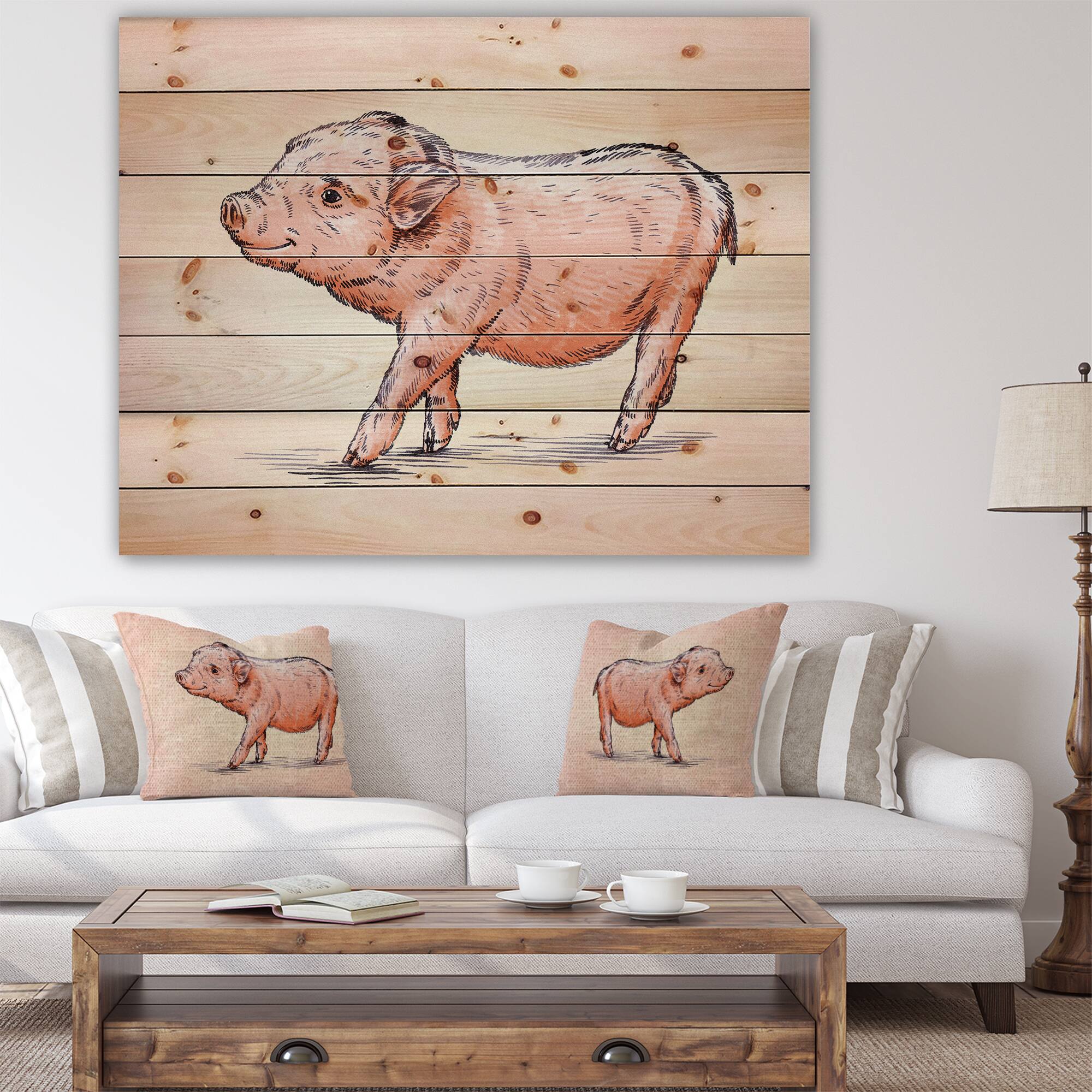 Designart - Happy Pig Portrait in Brush Painting - Farmhouse Animal Painting Print on Natural Pine Wood