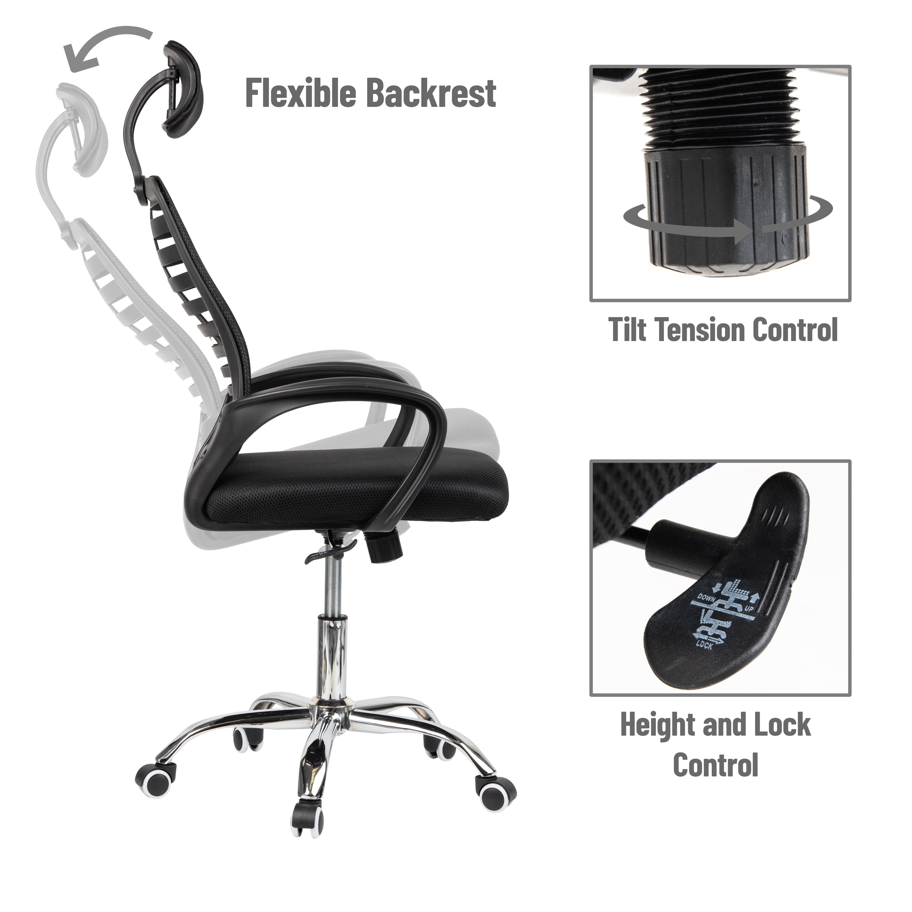 Mind Reader Office Chair with Wheels, Height Adjustable, Desk Chair, Office, 24"L x 20"W x 44-50"H, Black