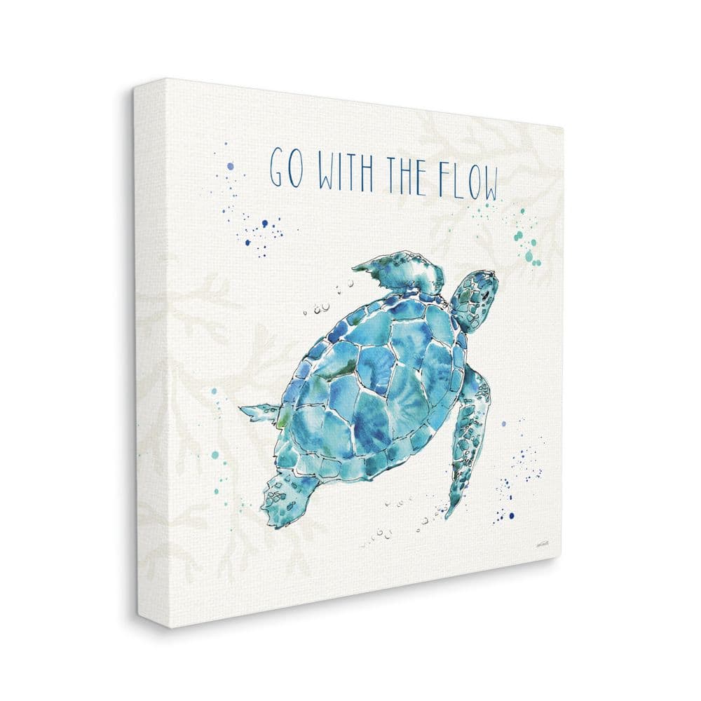 Stupell Industries Go with the Flow Quote Turtle Tortoise Blue Green Watercolor Canvas Wall Art