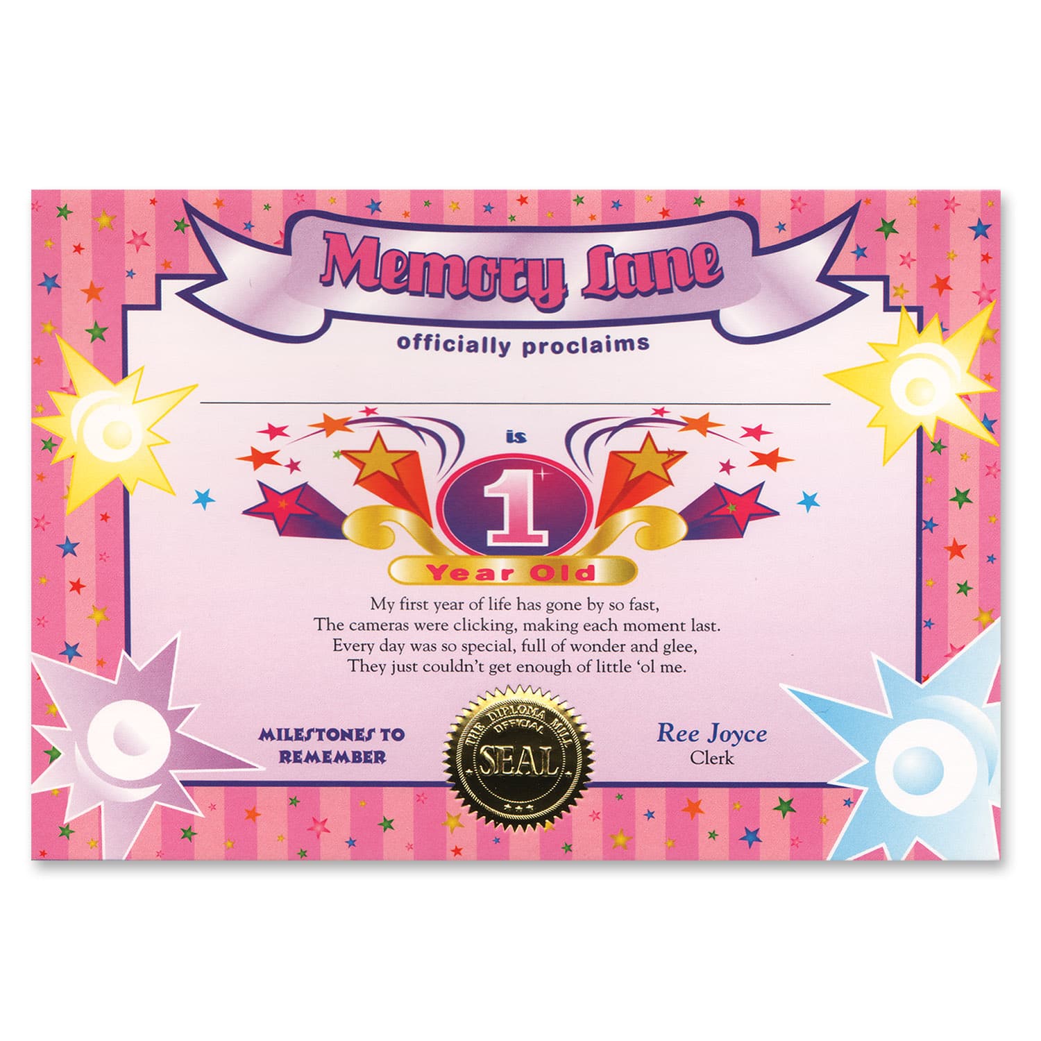 Beistle 5" x 7" 1 Year Old Girl Certificates, 6ct.