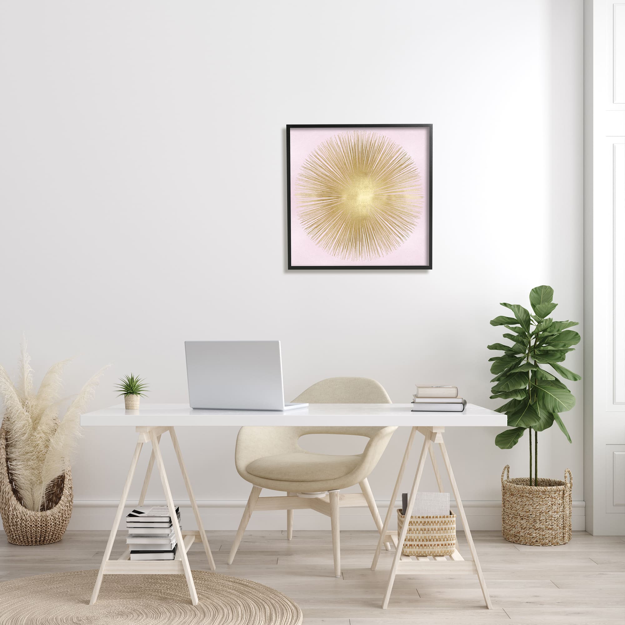 Stupell Industries Minimal Abstract Glam Sunburst Lines Over Pink in Frame Wall Art