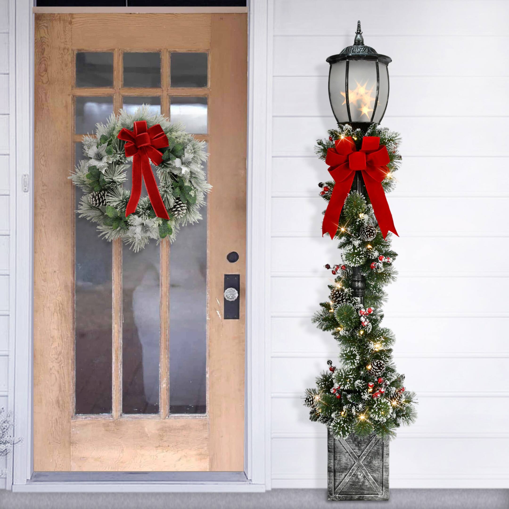7ft. Pre-Lit Potted Lamp Post with Warm White LED Lights
