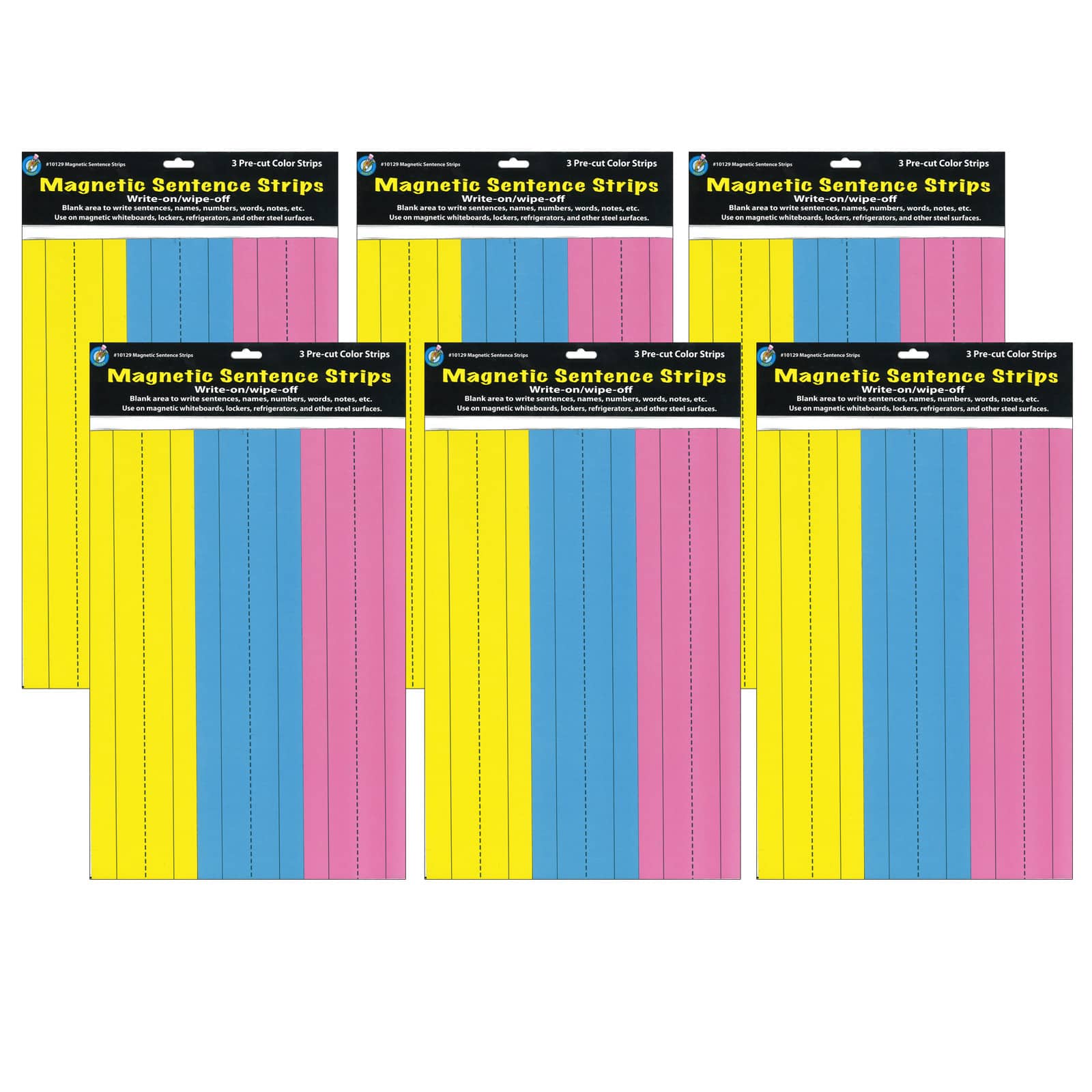 Ashley Productions 2.75" x 11" Pink, Blue & Yellow Die-Cut Magnetic Sentence Strips, 6 Packs of 3