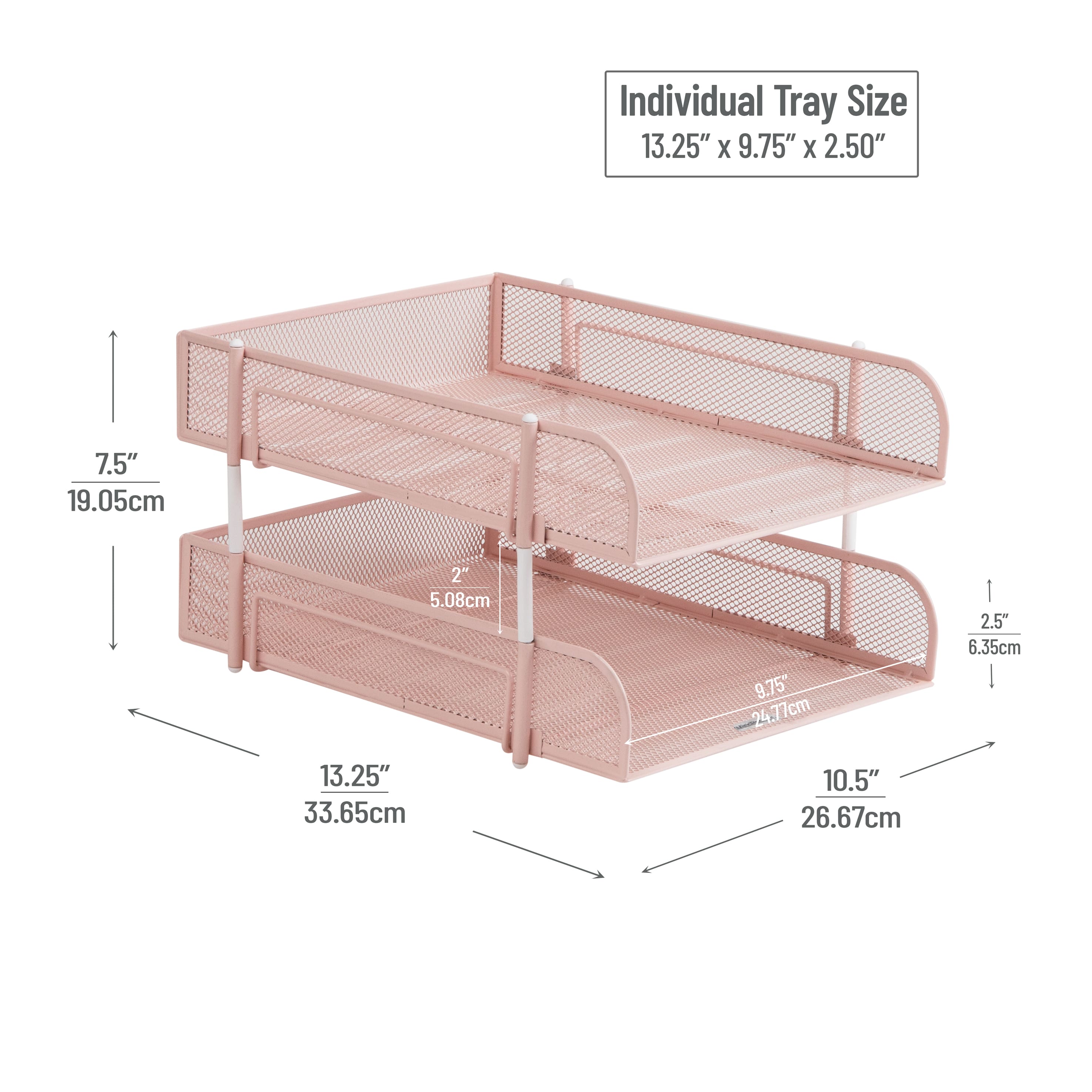 Mind Reader Stackable Paper Tray, Desktop Organizer, File Storage, Office, Metal Mesh, 10.5"L x 13.25"W x 7.5"H, 2 Pcs, Pink