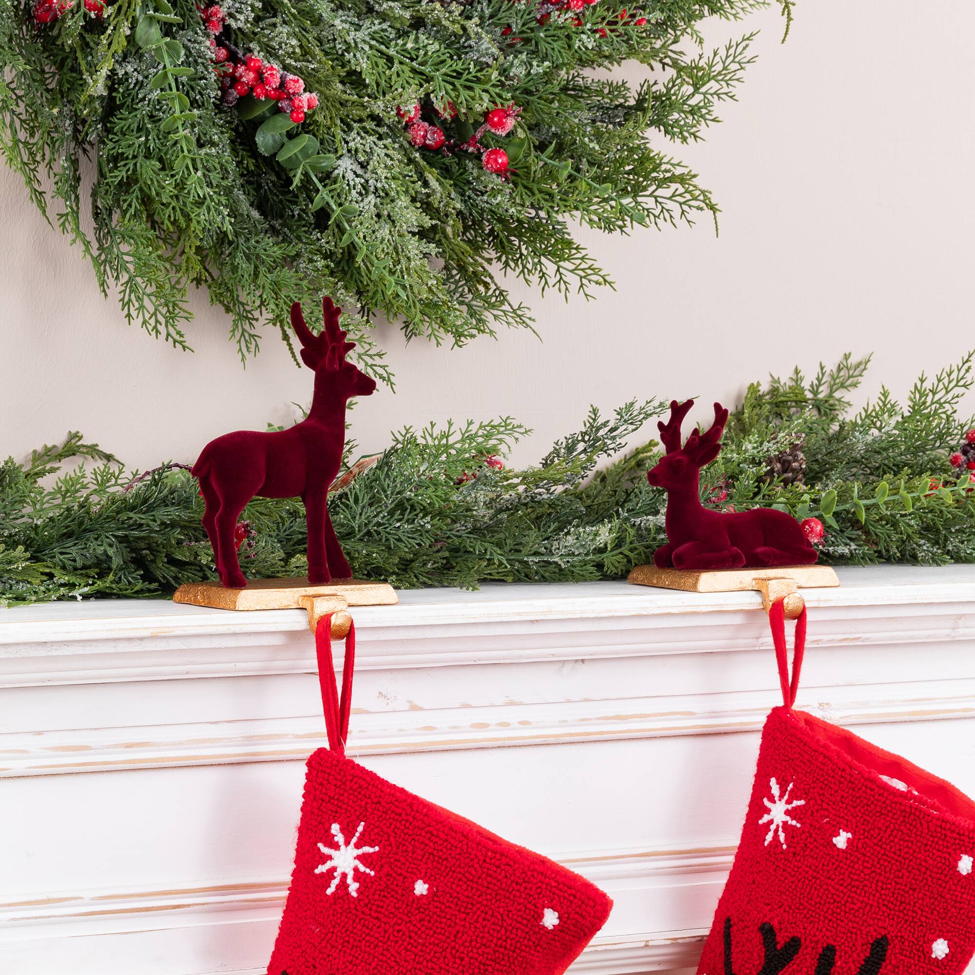 Glitzhome® Set of 2 Flocked Burgundy Resin Standing & Sitting Reindeer Stocking Holders