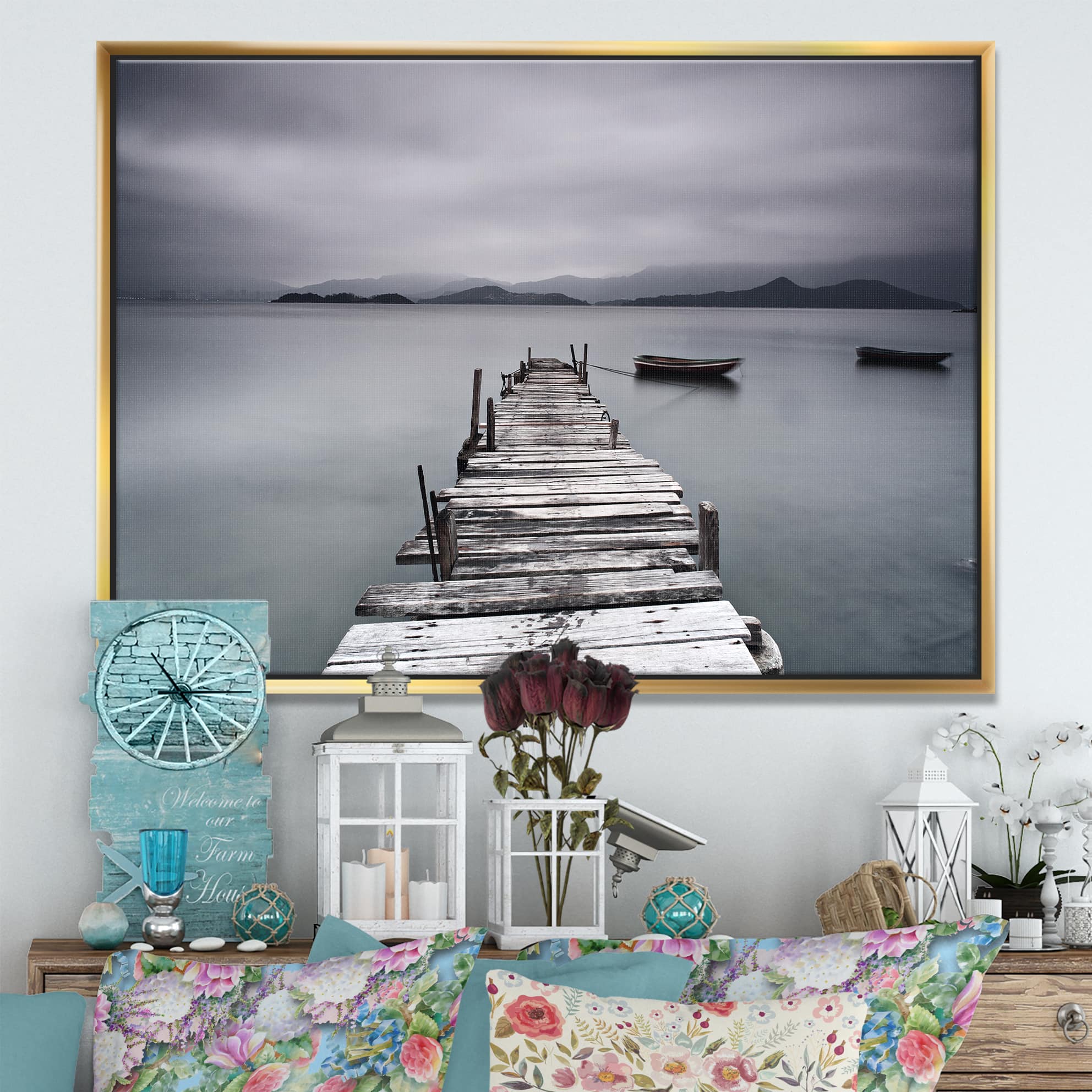 Designart - Pier and Boats at Seashore - Bridge Framed Canvas Art Print