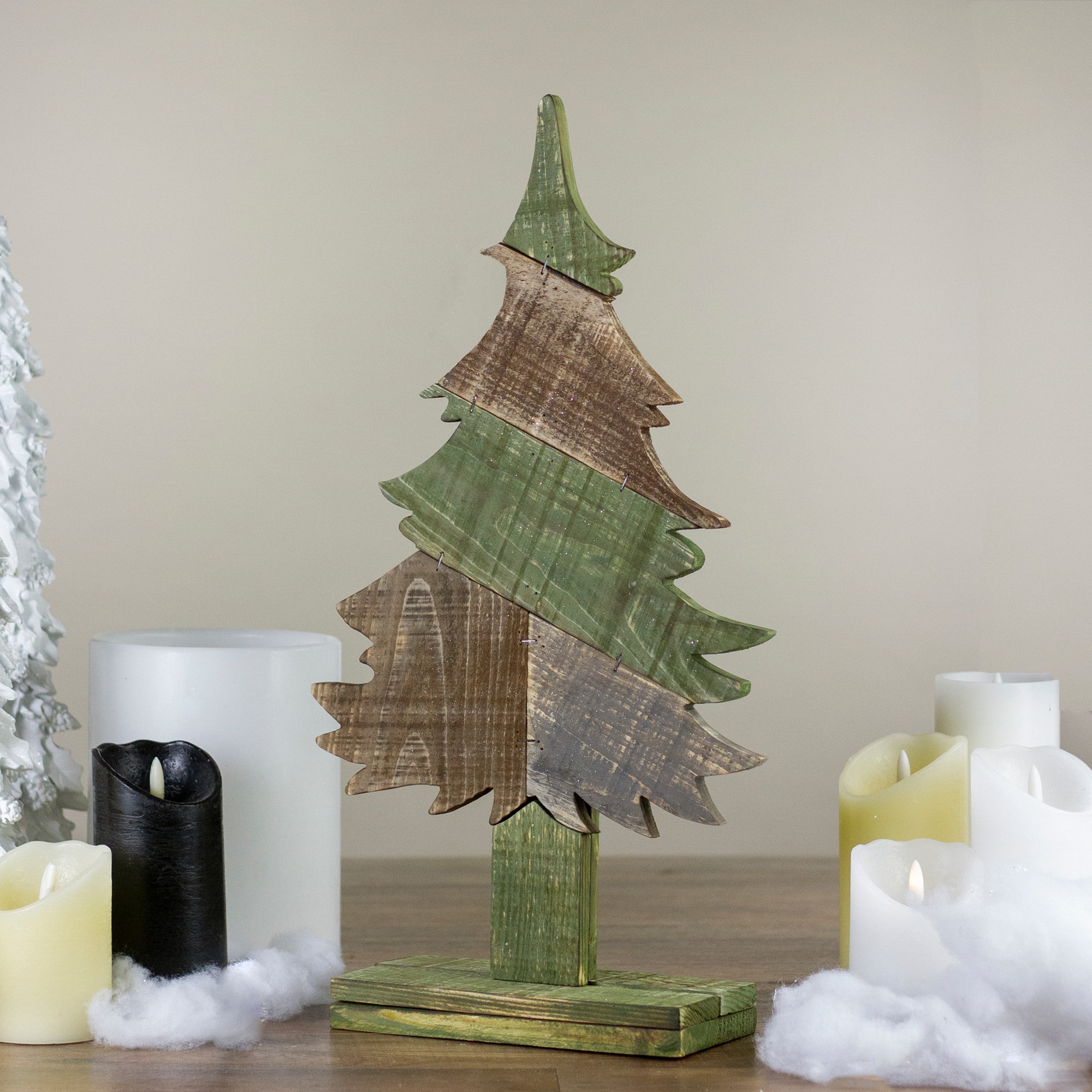 20.5" x 11" Textured Green and Brown Wooden Christmas Tree Tabletop Decoration