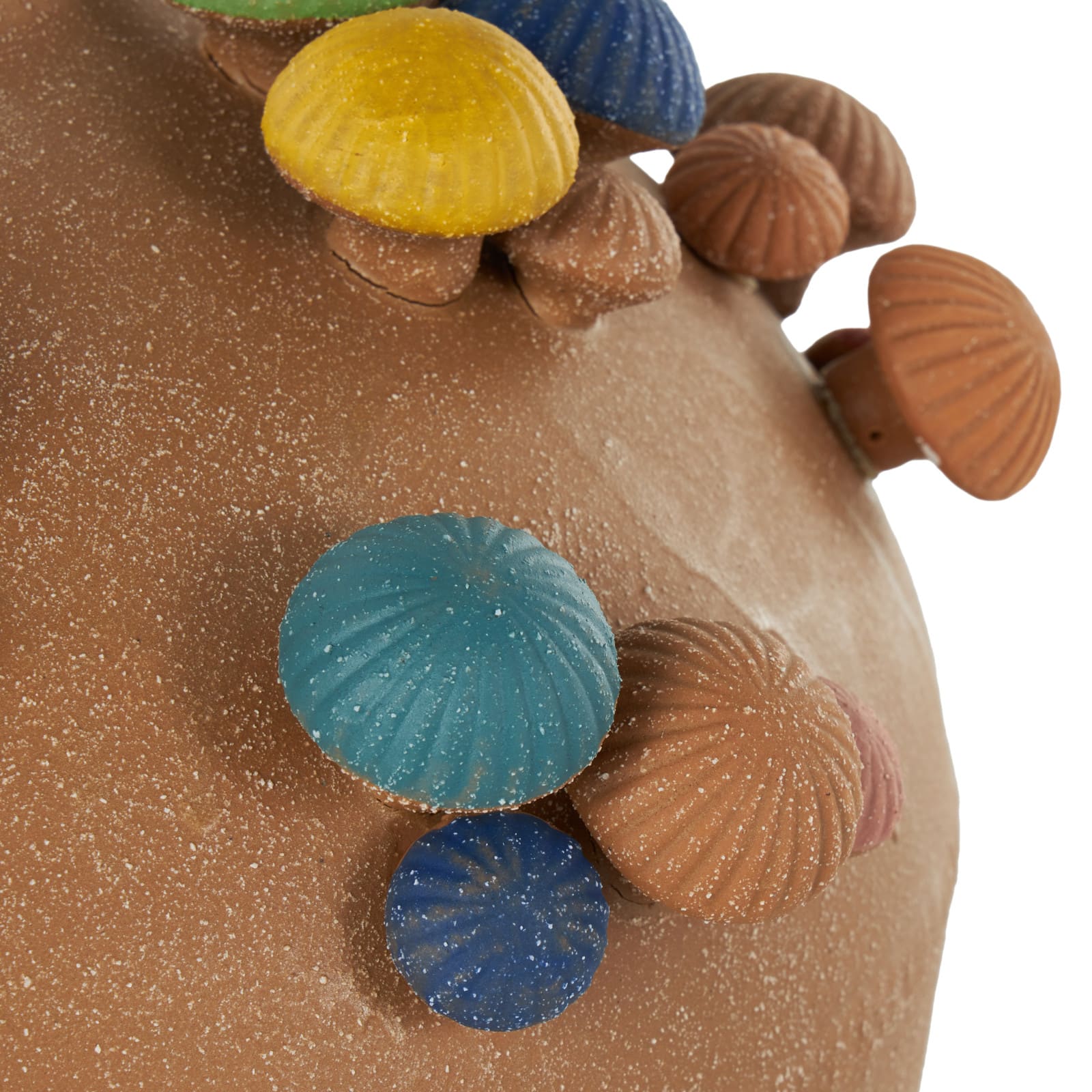 13" Brown Ceramic Round Wide Decorative Vase with Multicolor Mushroom Accents