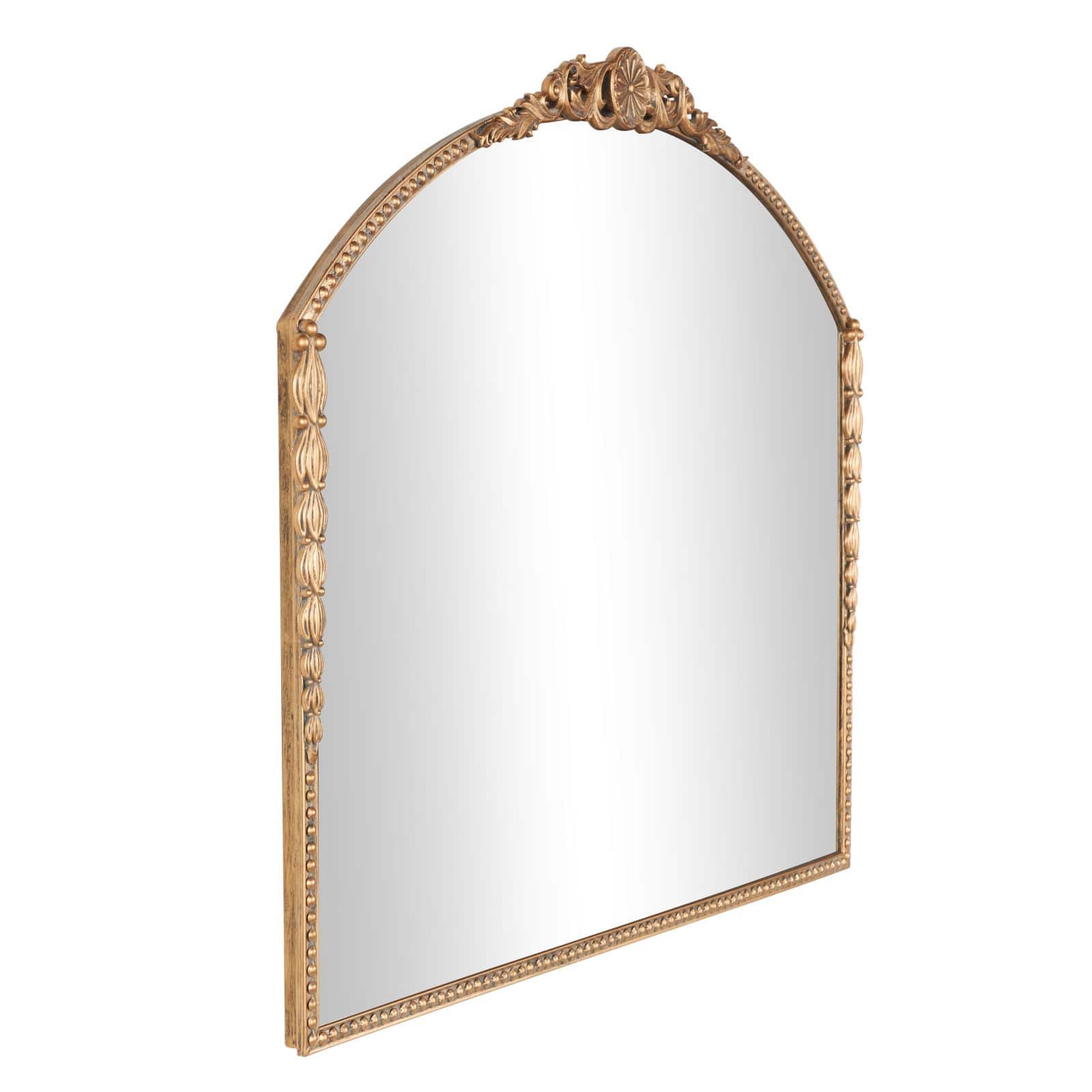 33" Gold Metal Scroll Orante Antique Arch Wall Mirror with Beaded Frame