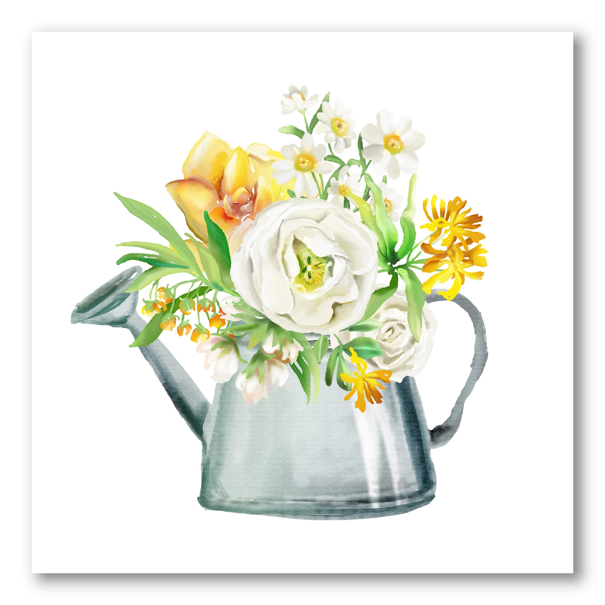 Designart - Roses Peonies & Marigolds In Garden Watering Can - Farmhouse Canvas Wall Art Print