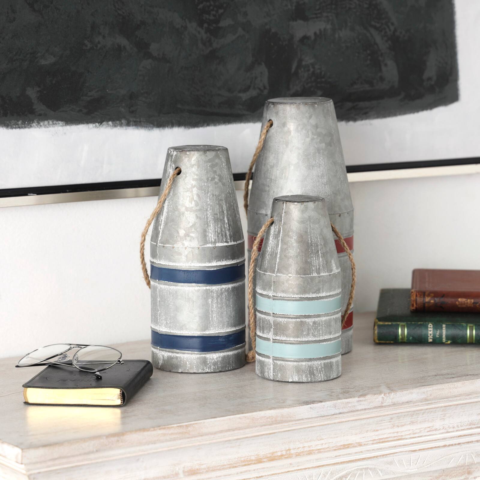 Gray Metal Buoy Striped Sculpture with Rope Handles Set