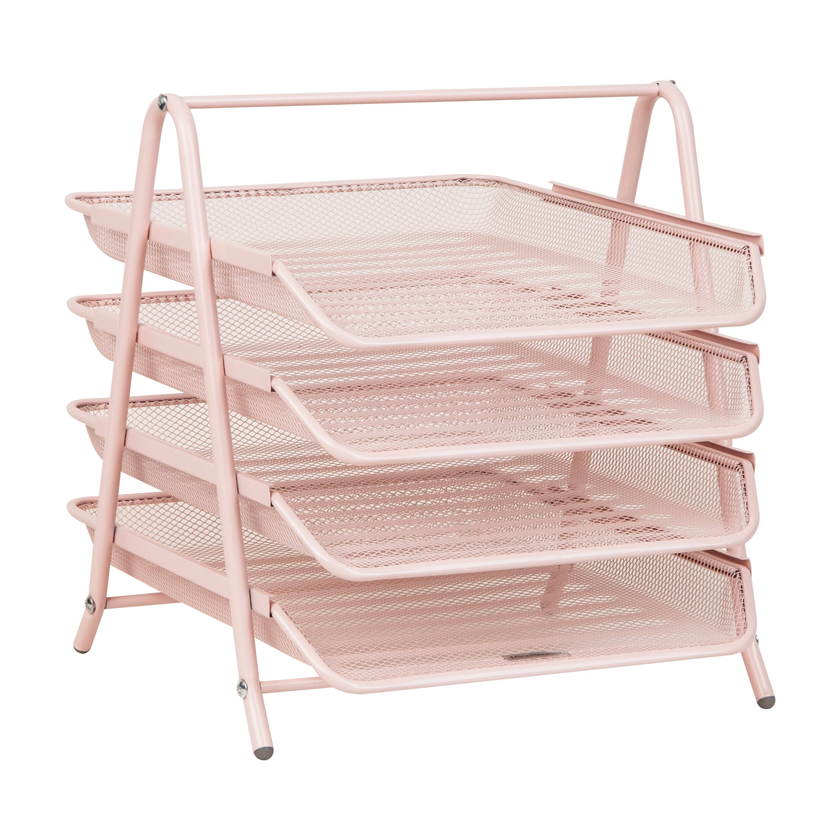 Mind Reader 4-Tier Paper Tray Organizer, Desktop File Sorter with Handle, Document Storage, Slide-Out Trays, Metal Mesh, Pink