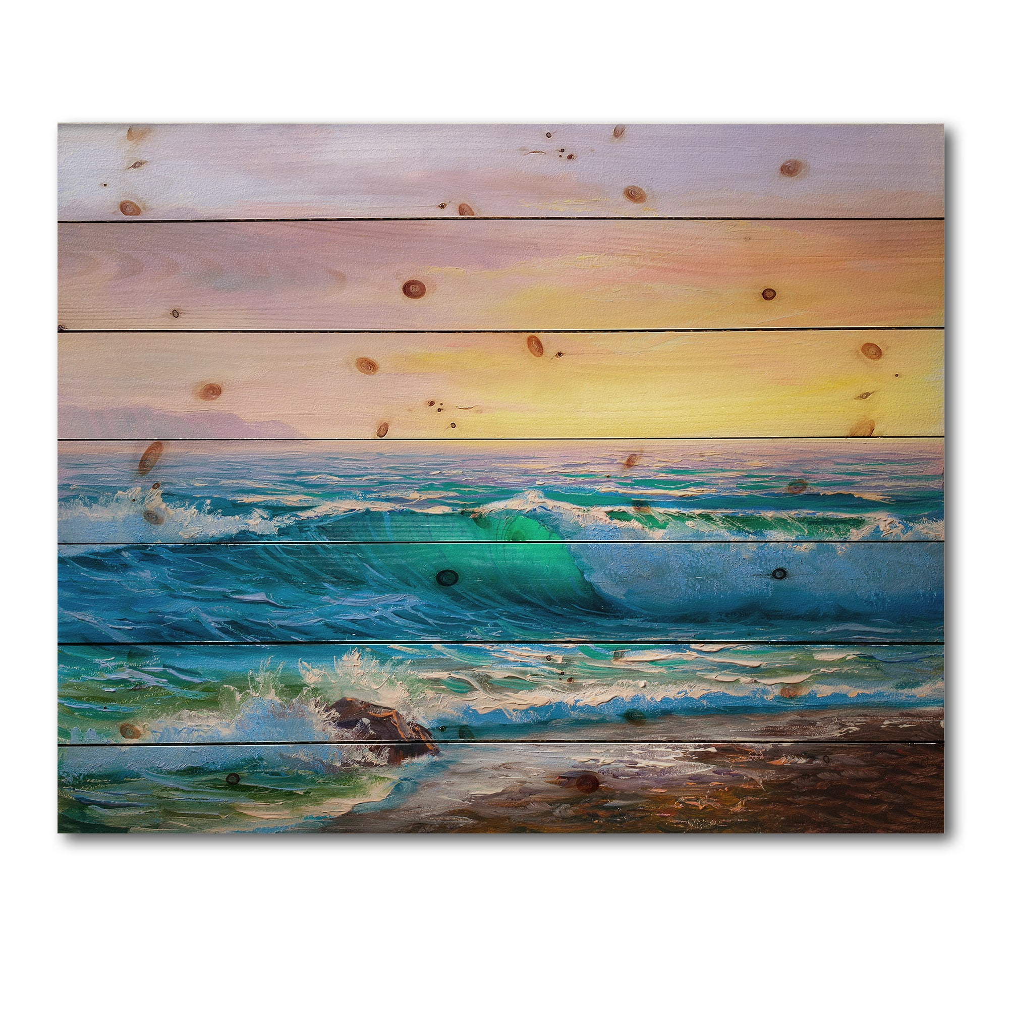 Designart - Blue Waves Breaking At The Beach IV - Nautical & Coastal Print on Natural Pine Wood