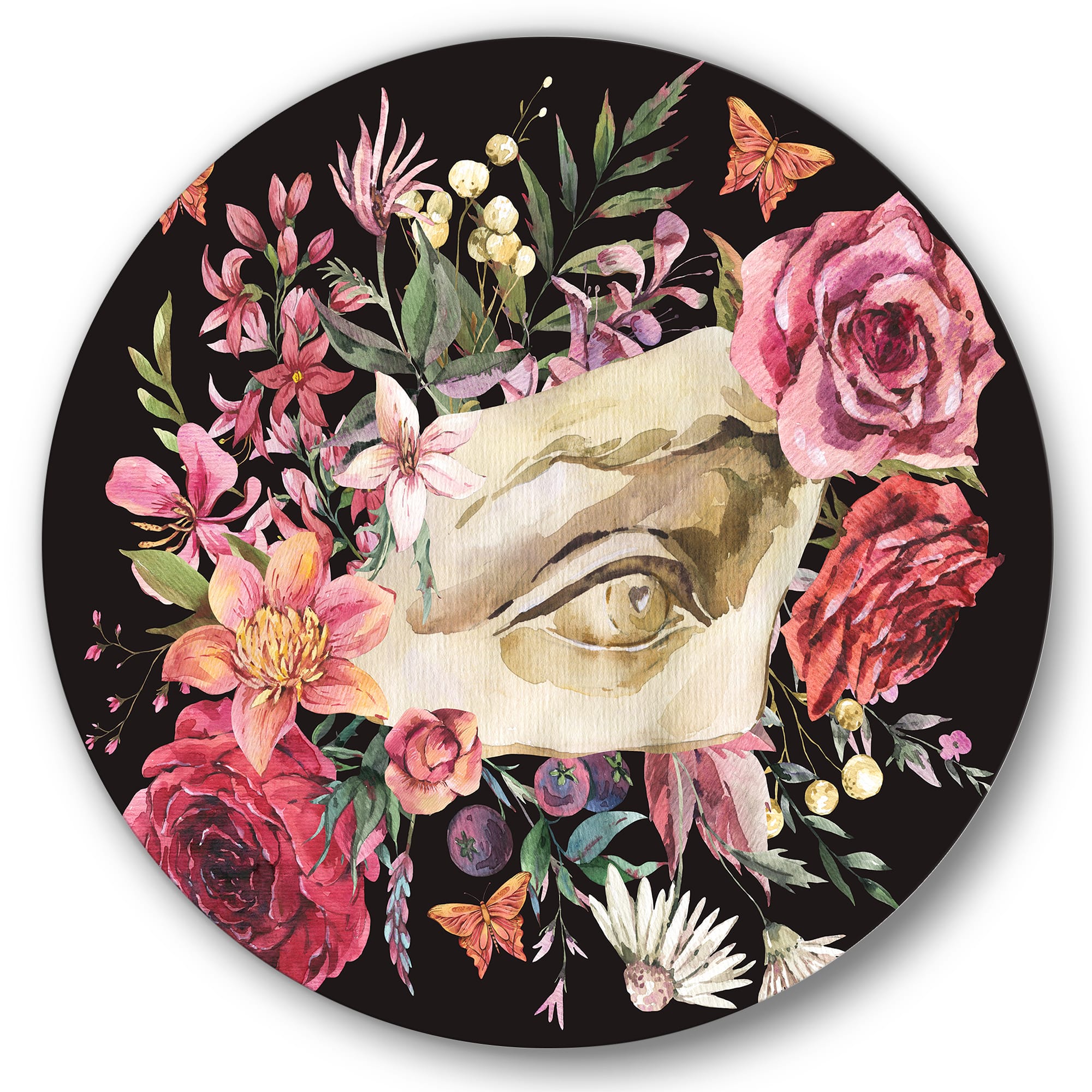 Designart - Greek Sculpture David Eye With Dried Wildflowers - Farmhouse Metal Circle Wall Art
