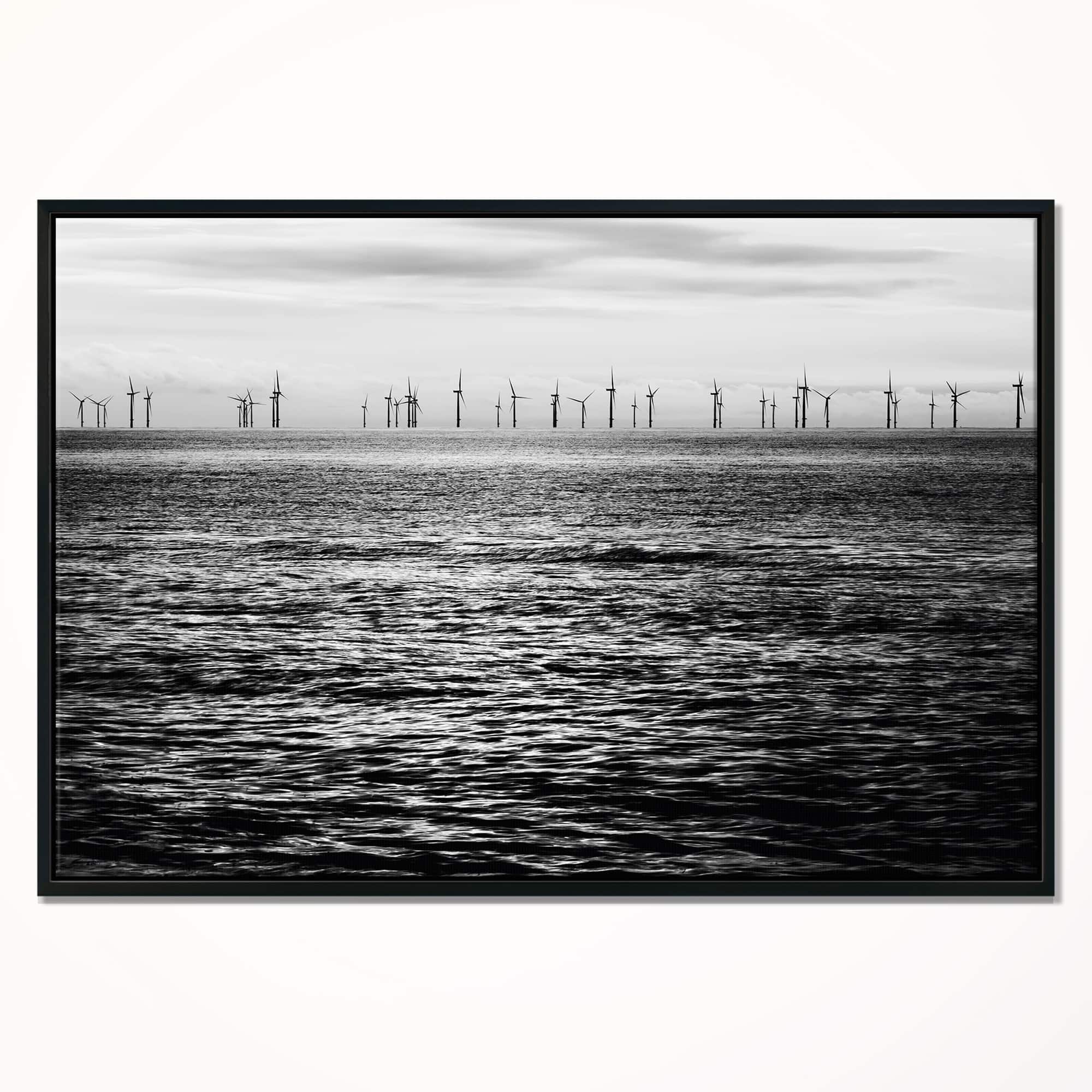 Designart - Wind Turbines Black and White - Landscape Artwork Canvas in Black Frame