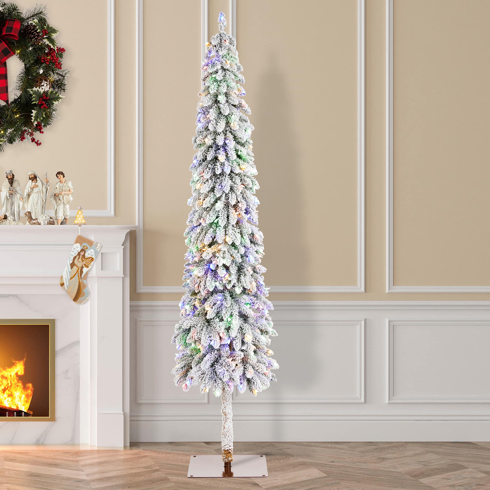 Glitzhome® 7.5ft Pre-Lit Flocked Artificial Christmas Tree, Warm White Lights