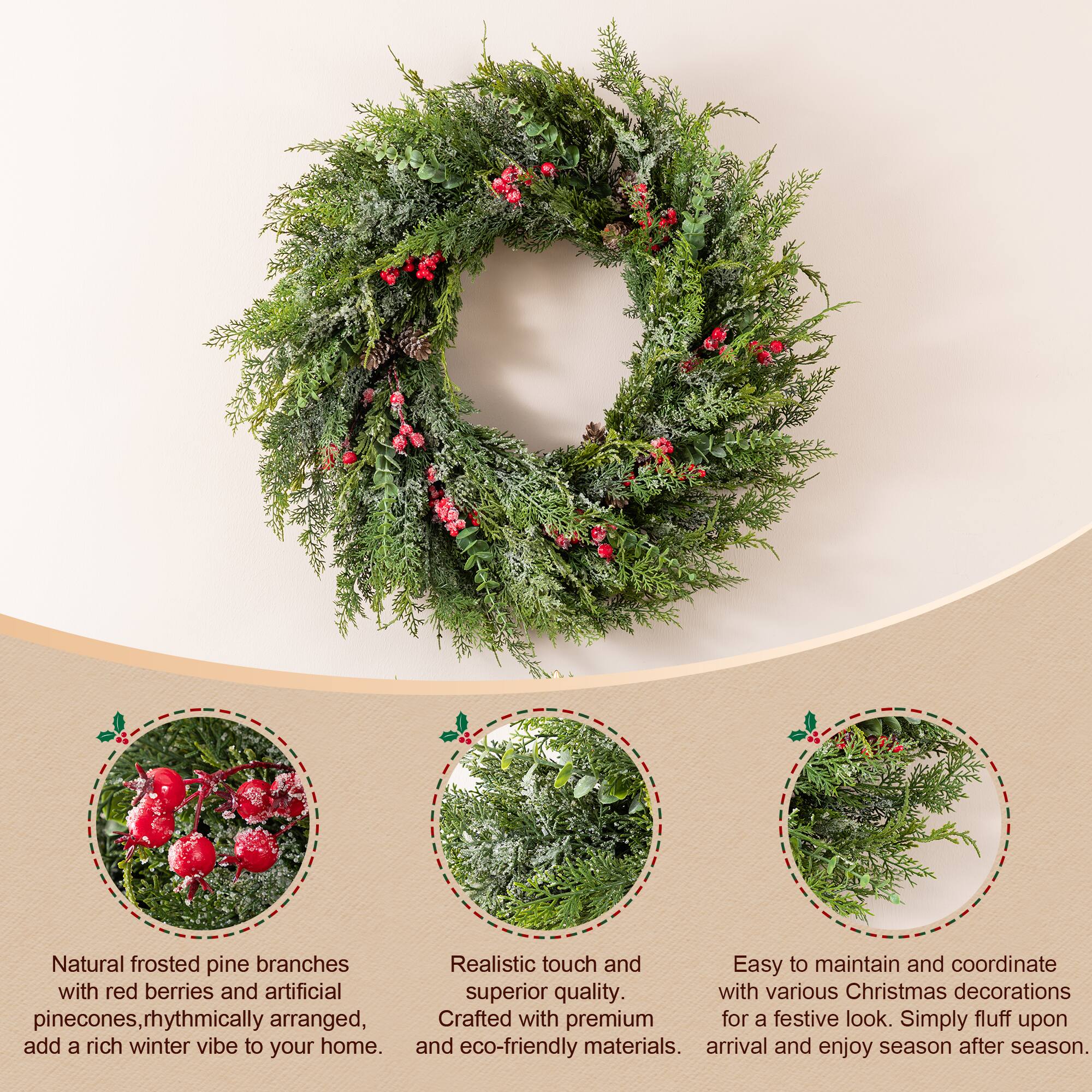 Glitzhome® 28" Christmas Greenery Frosted PE Wreath with Pinecones & Red Berries