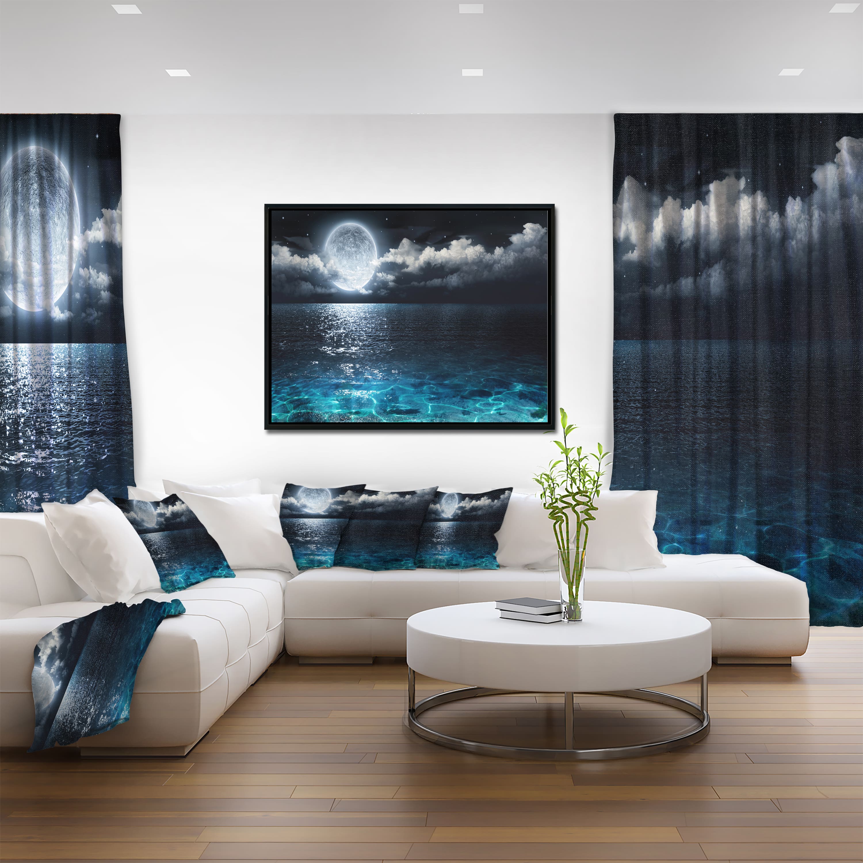 Designart - Romantic Full Moon Over Sea - Seascape Framed Canvas Art Print