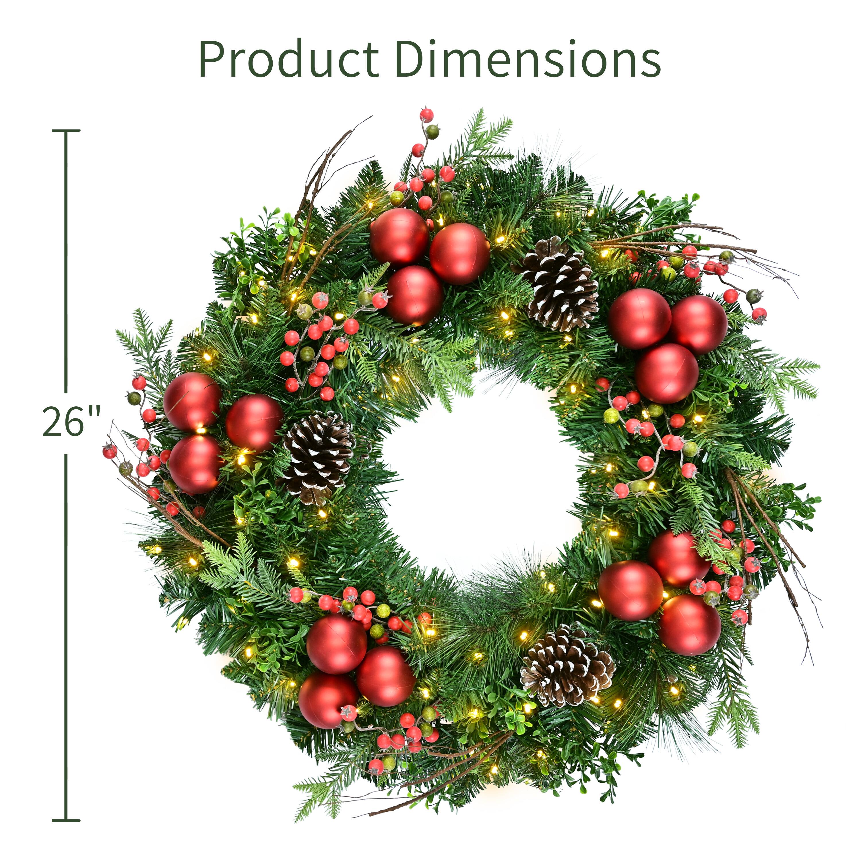 Puleo International 26" Pre-Lit Green Pine with Pinecones, Ornaments & Berries Artificial Christmas Wreath