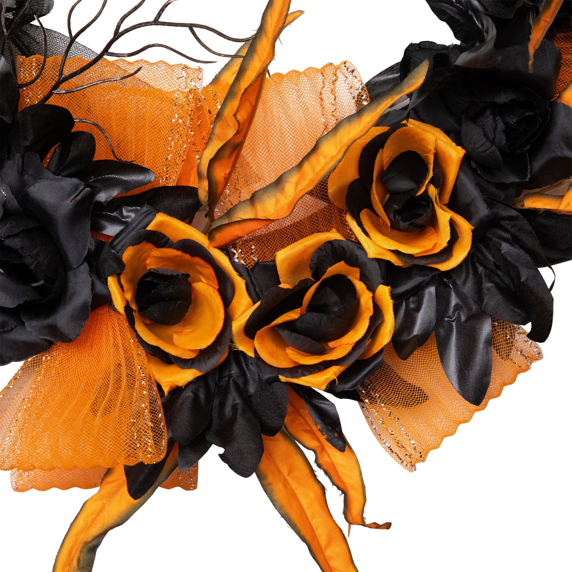14" Skull with Black & Orange Roses Halloween Wreath