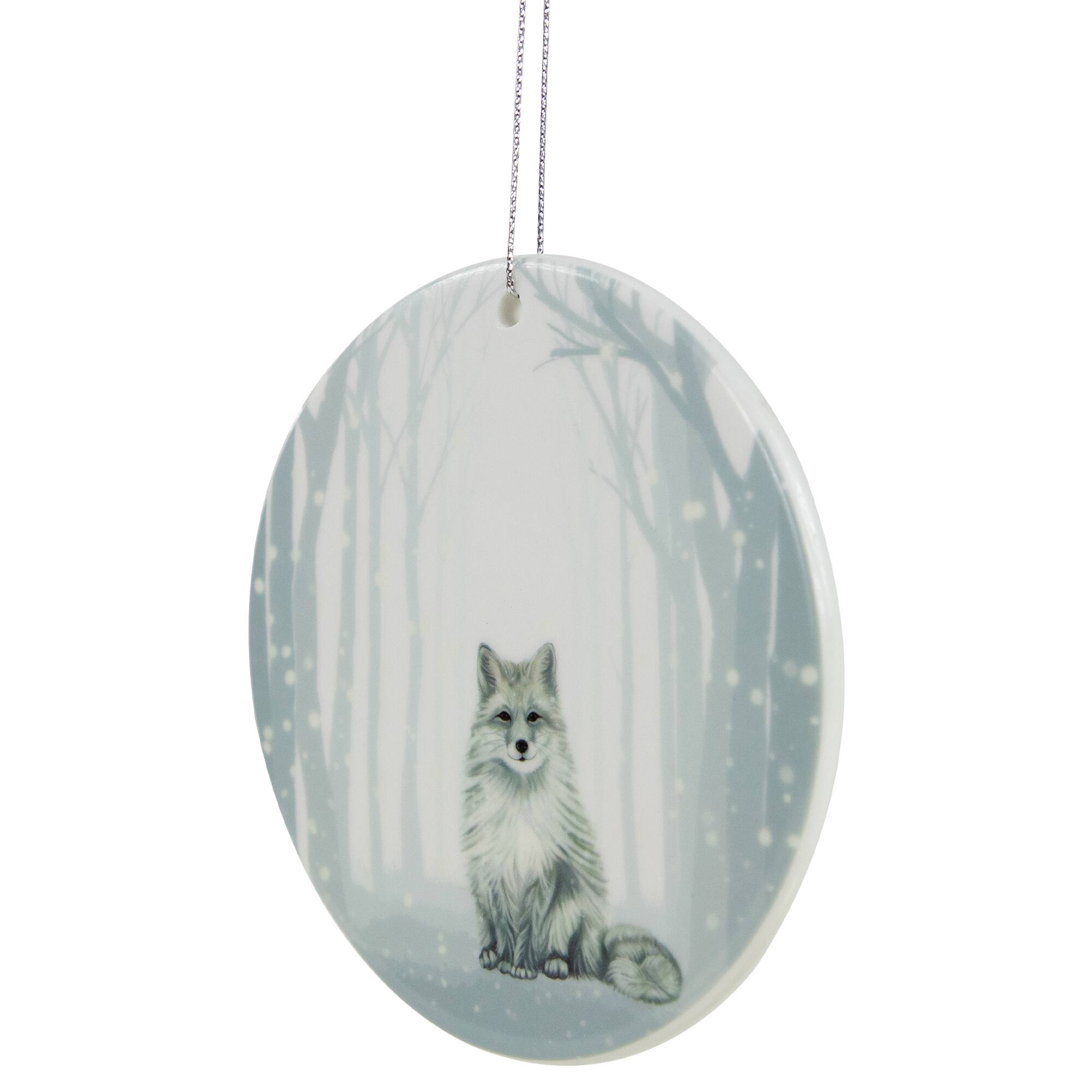 White & Silver Porcelain Arctic Fox Disc Ornament