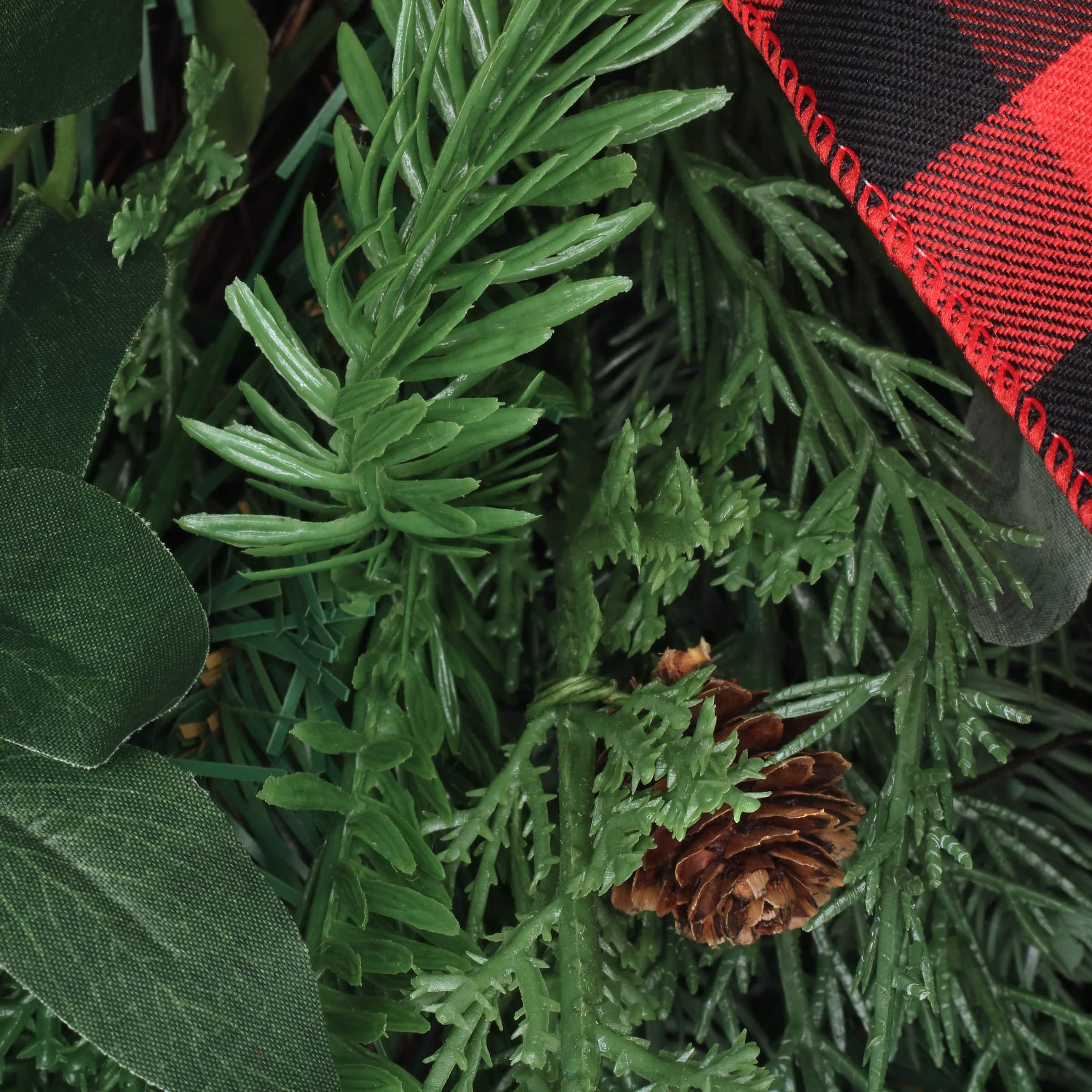 30" Mixed Pine, Leaves & Pinecone Teardrop Swag with Red Buffalo Check Bow