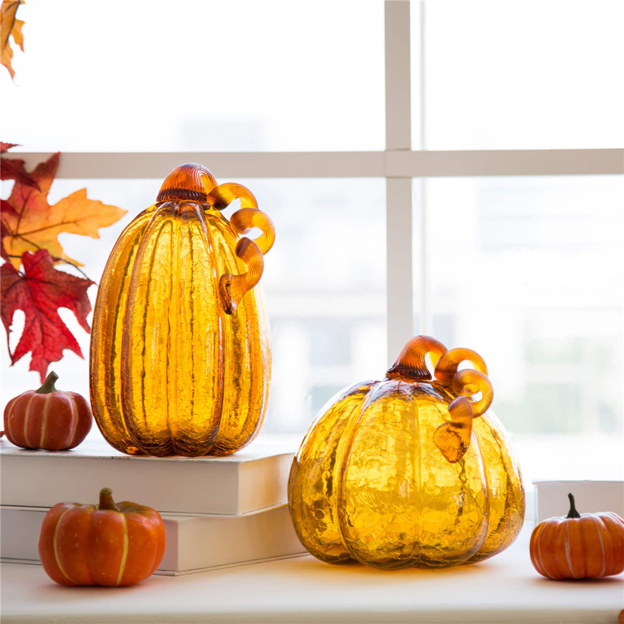 Glitzhome® Crackle Glass Pumpkin, Amber