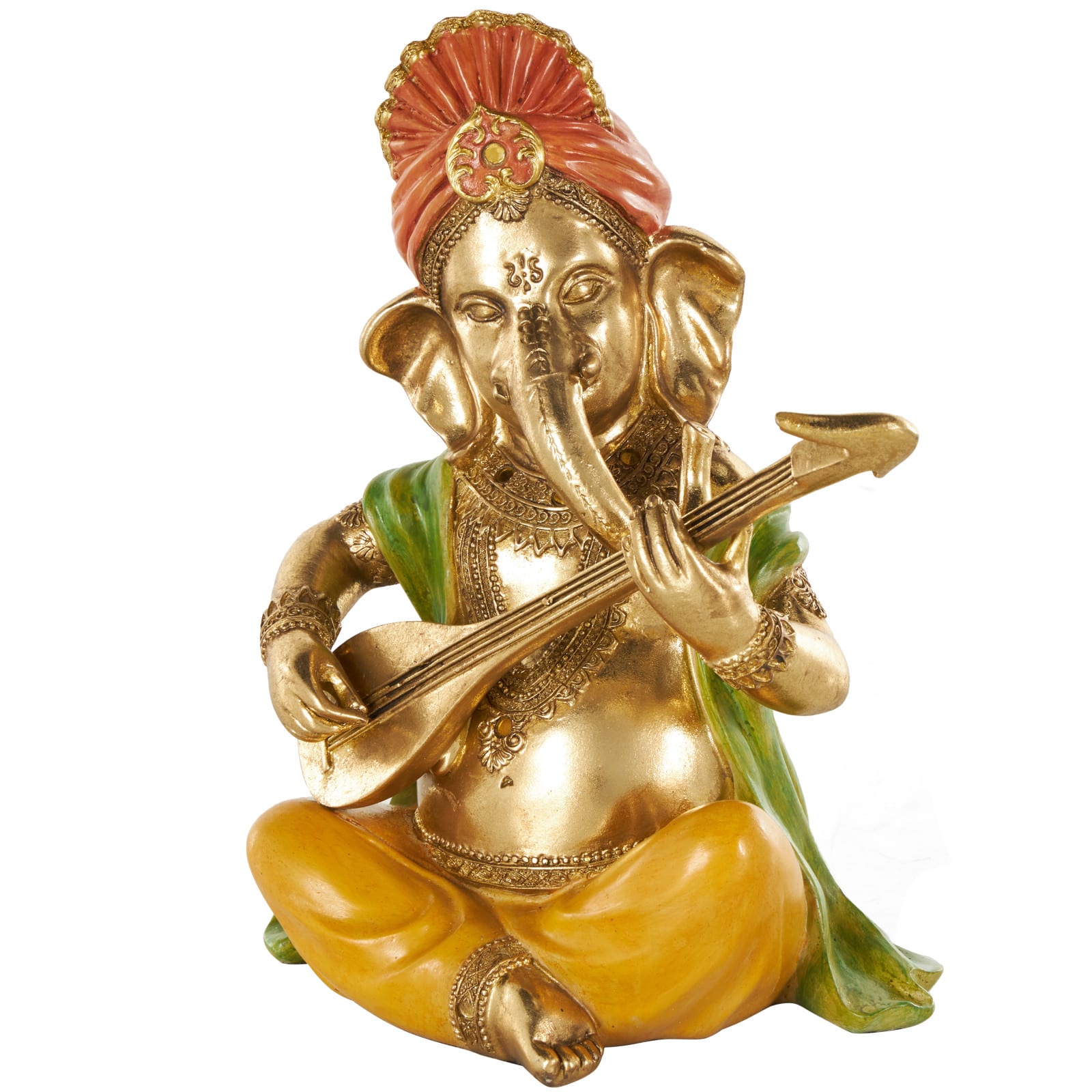 10.75" Gold Ganesh Musician Decorative Sculpture with Green, Yellow, and Red Accents