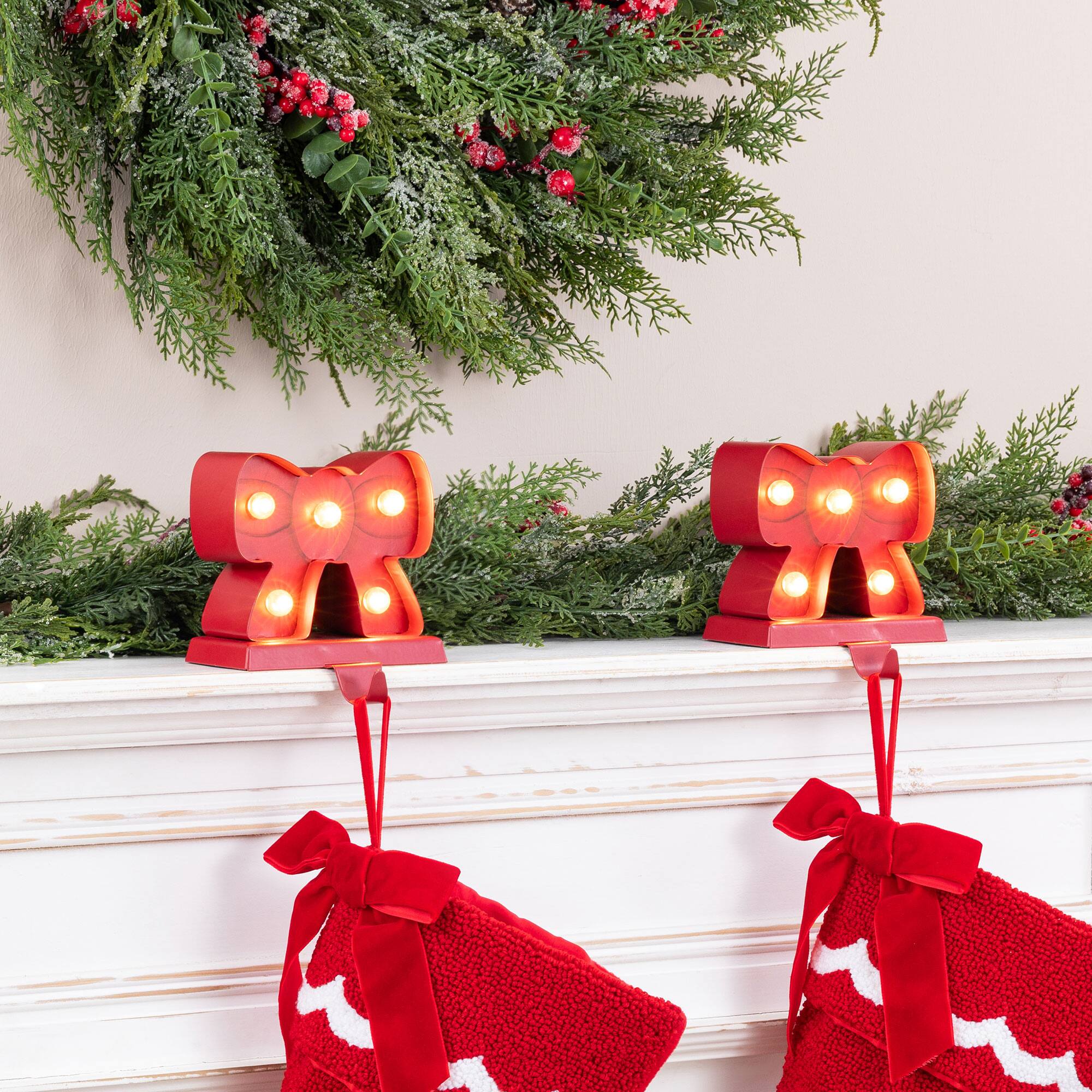 Glitzhome® 5.25" LED Marquee Metal Bow Christmas Stocking Holder